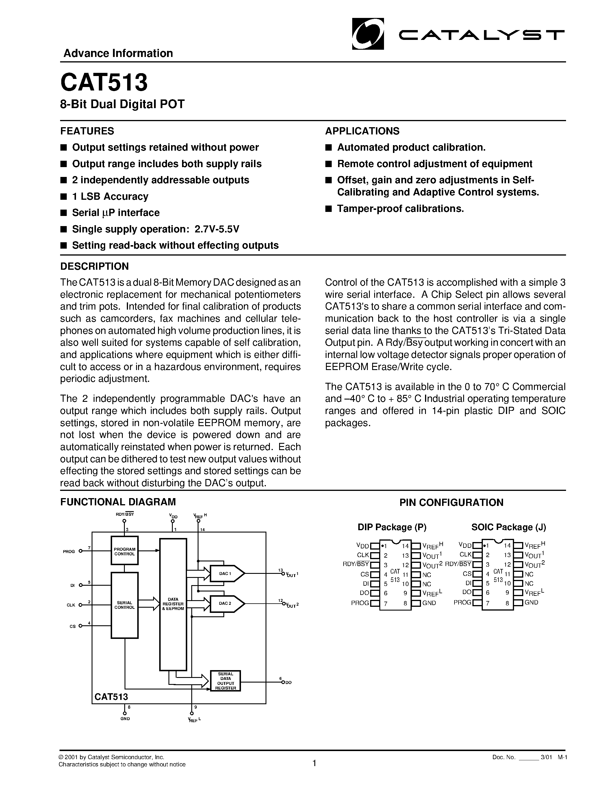 Даташит на микросхему CAT513 страница 1 Даташит CAT513 - 8-Bit Dual Digital POT страница 1