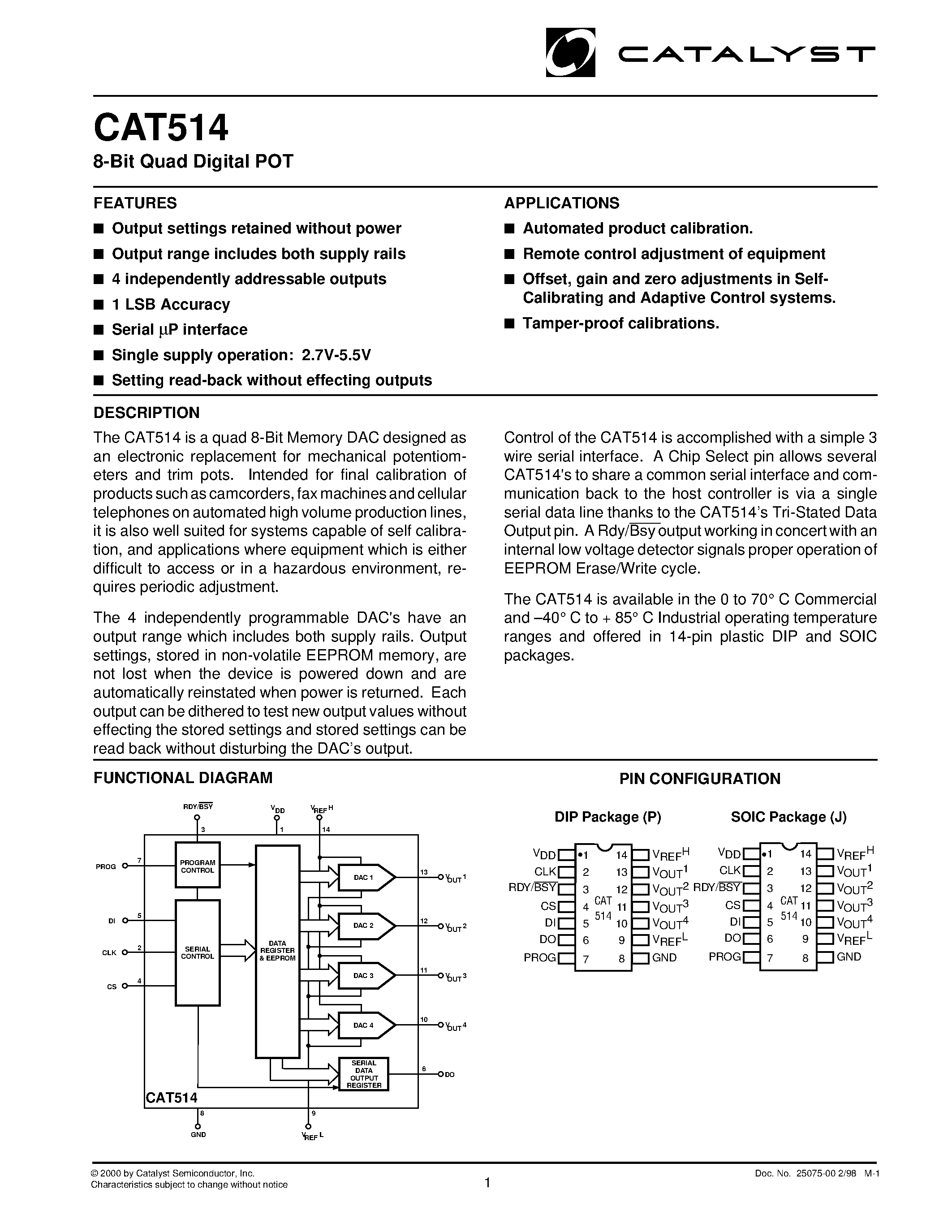 Даташит на микросхему CAT514 страница 1 Даташит CAT514 - 8-Bit Quad Digital POT страница 1