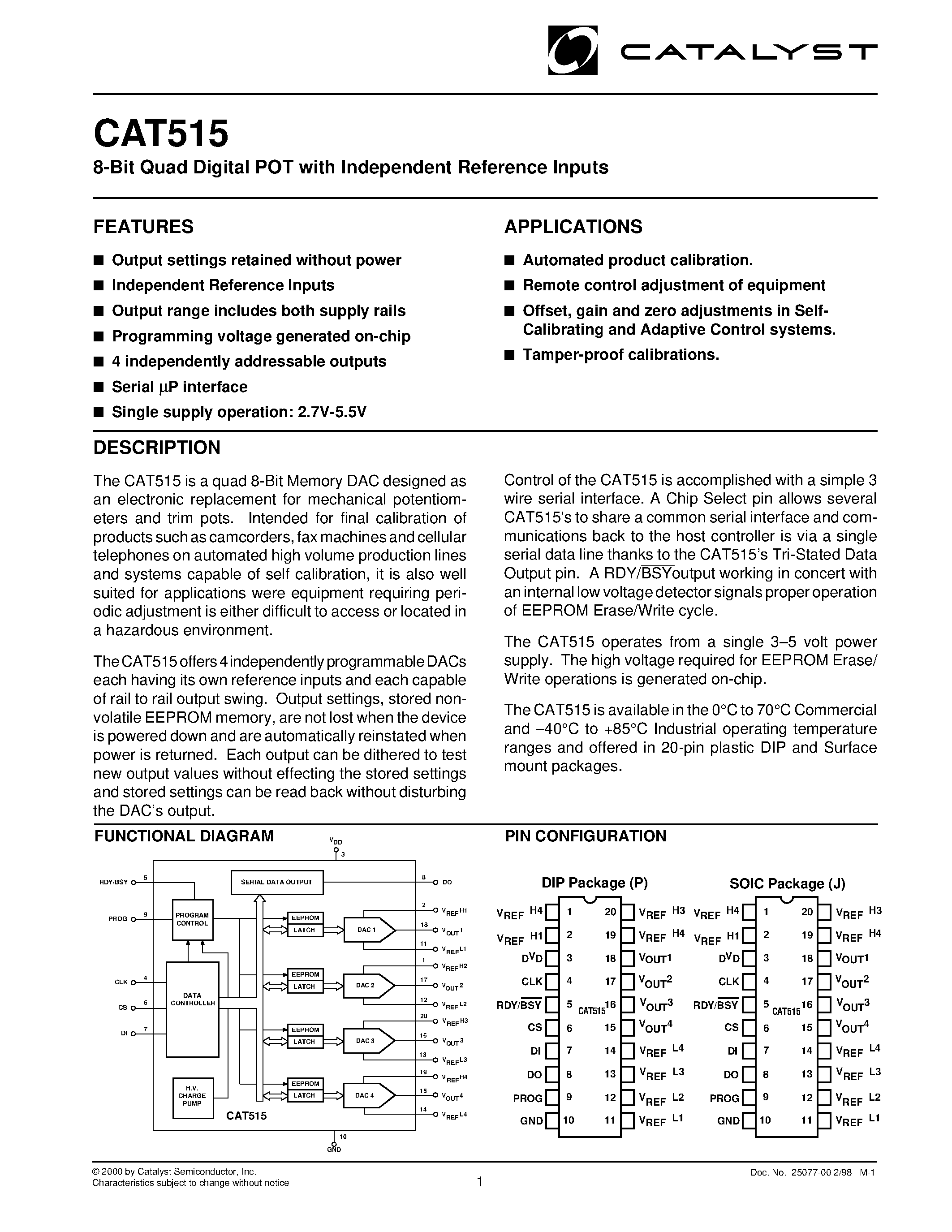 Даташит на микросхему CAT515 страница 1 Даташит CAT515 - 8-Bit Quad Digital POT with Independent Reference Inputs страница 1