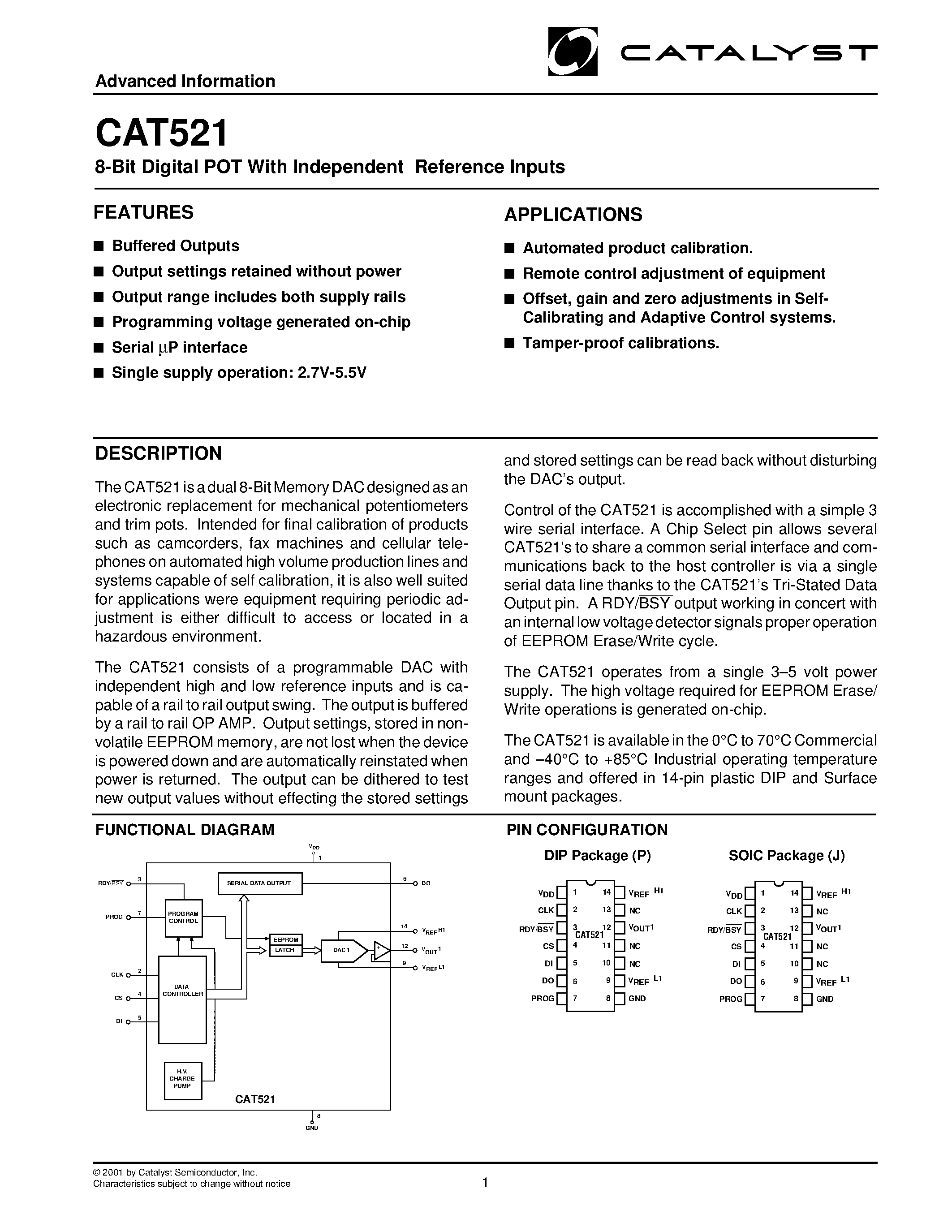 Даташит на микросхему CAT521 страница 1 Даташит CAT521 - 8-Bit Digital POT With Independent Reference Inputs страница 1
