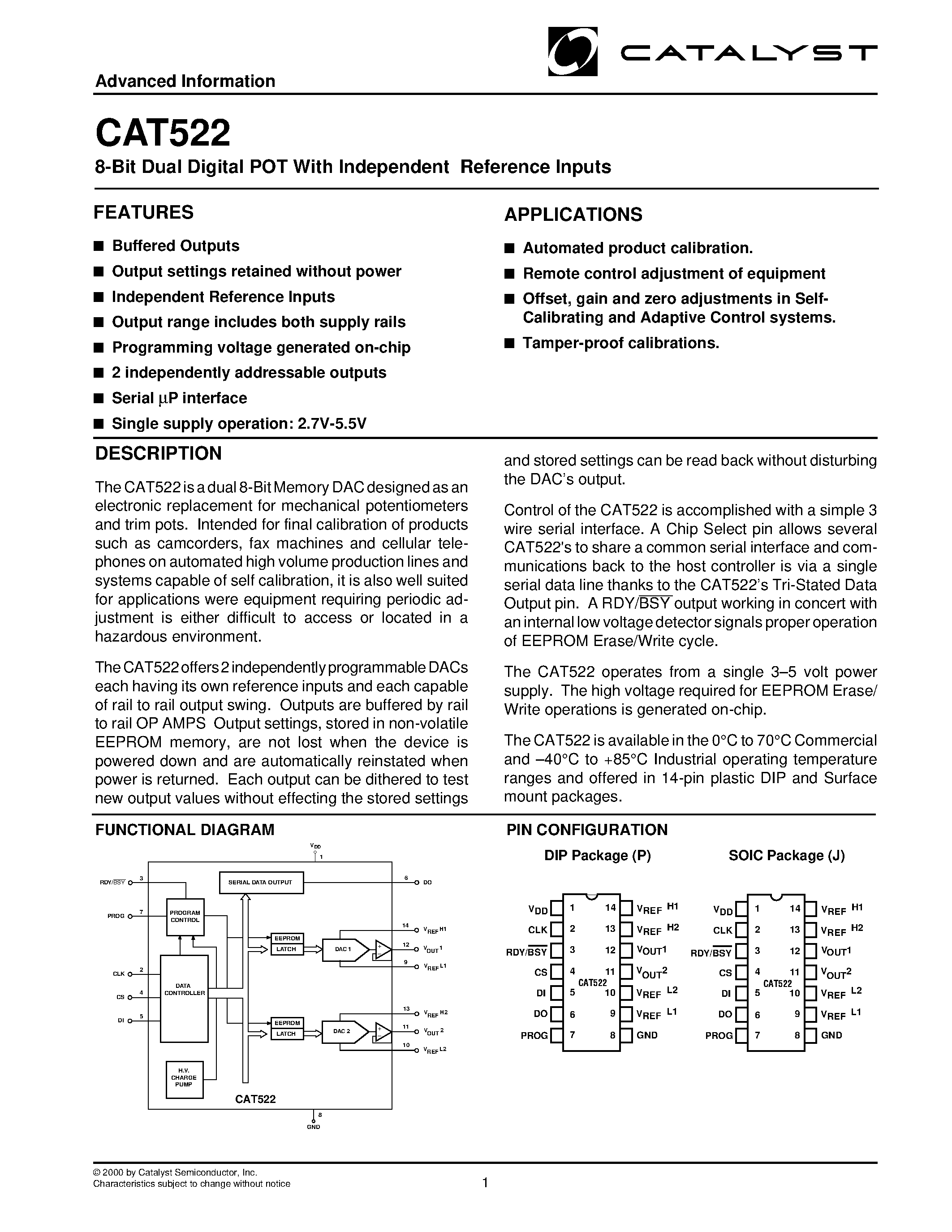 Даташит на микросхему CAT522 страница 1 Даташит CAT522 - 8-Bit Dual Digital POT With Independent Reference Inputs страница 1