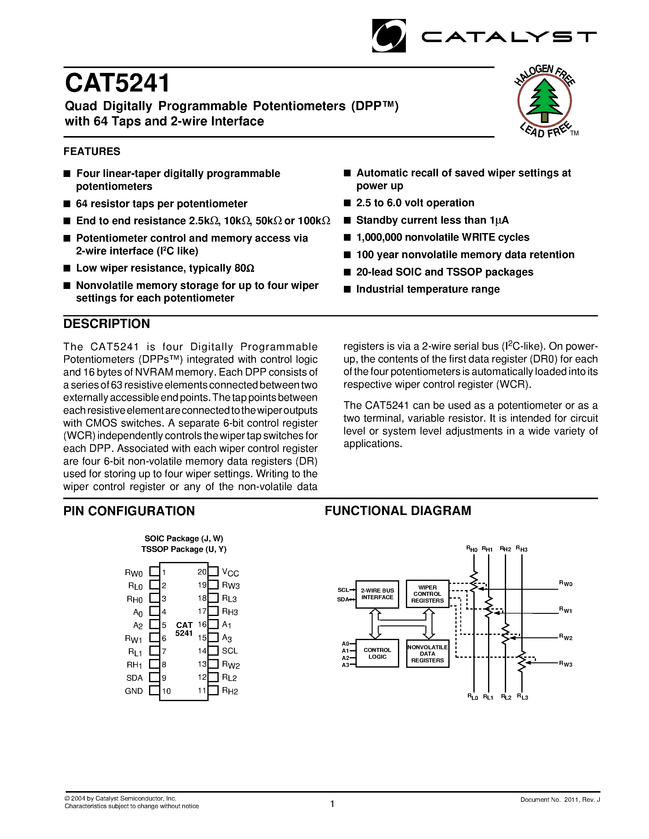 Даташит на микросхему CAT5241JI-10 страница 1 Даташит CAT5241JI-10 - Quad Digitally Programmable Potentiometers (DPP) with 64 Taps and 2-wire Interface страница 1