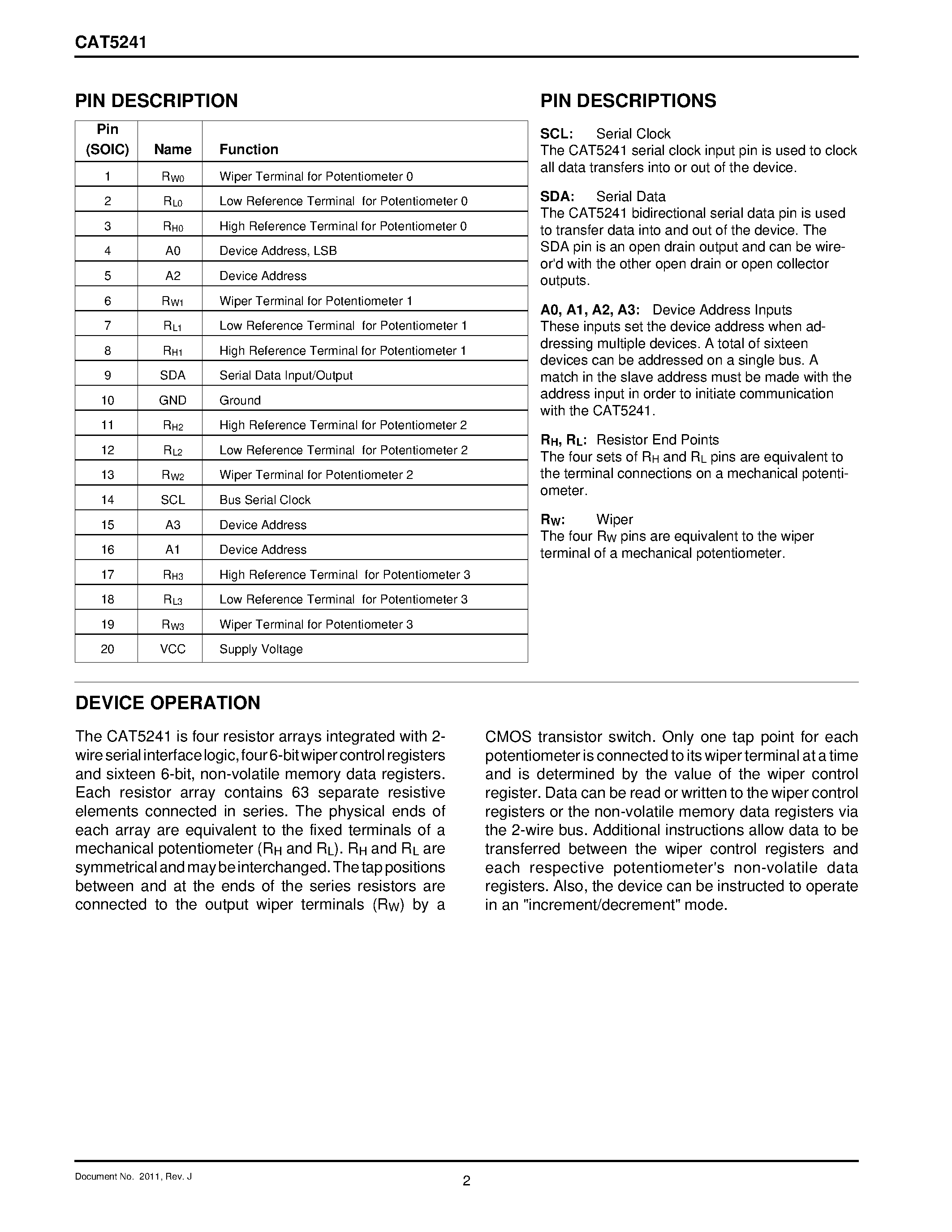 Даташит на микросхему CAT5241JI-10 страница 2 Даташит CAT5241JI-10 - Quad Digitally Programmable Potentiometers (DPP) with 64 Taps and 2-wire Interface страница 2