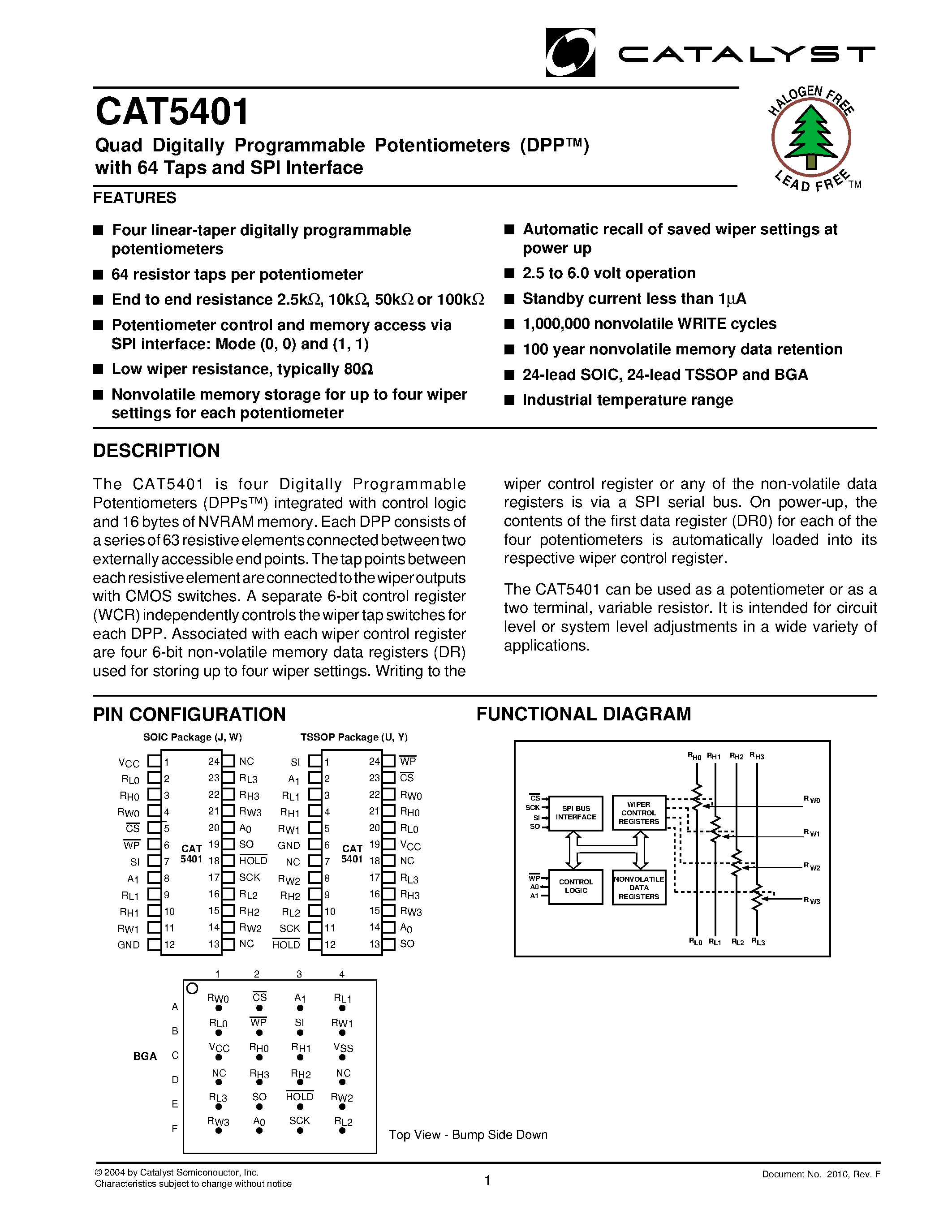 Datasheet CAT5401BI-10-TE13 page 1 Datasheet CAT5401BI-10-TE13 - Quad Digitally Programmable Potentiometers (DPP) with 64 Taps and SPI Interface page 1