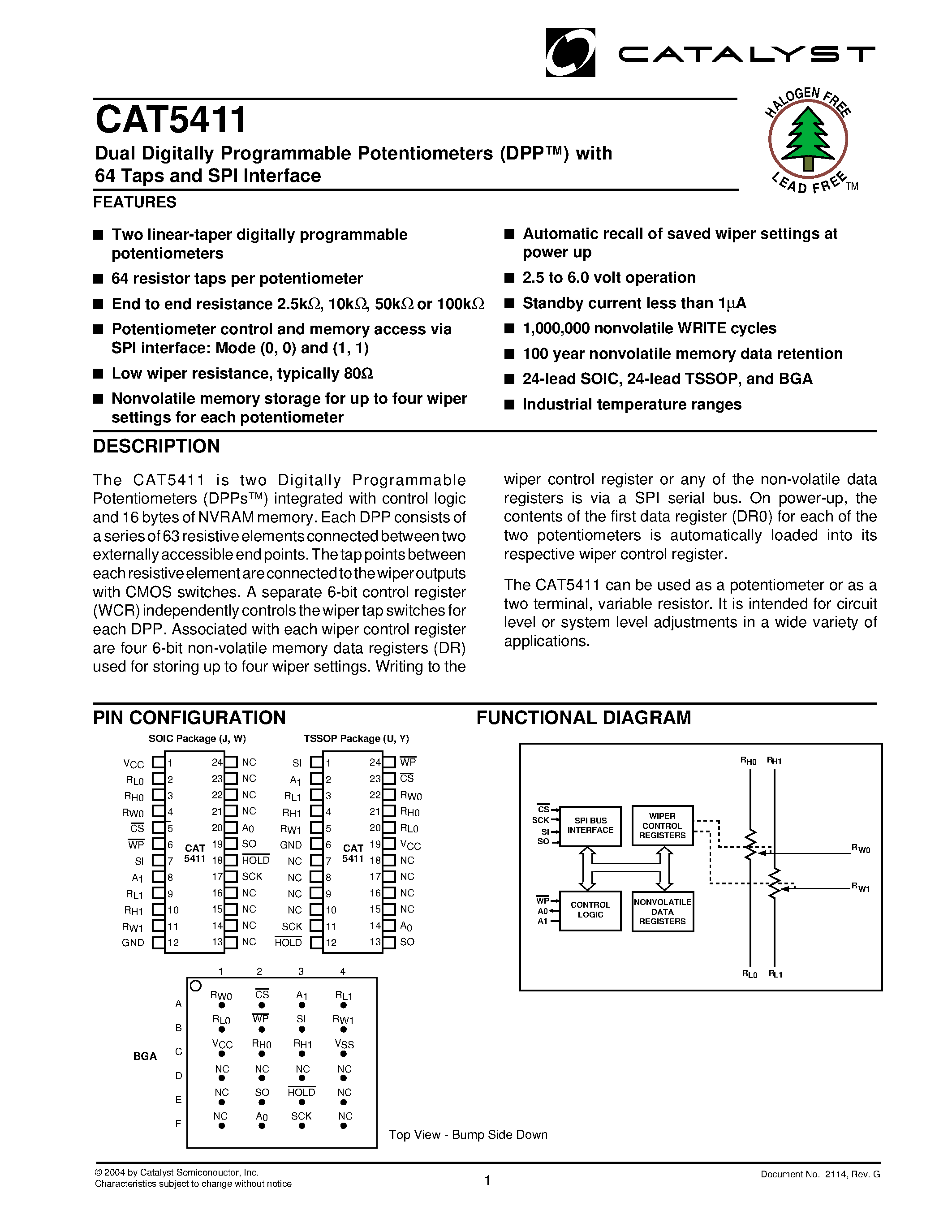 Datasheet CAT5411JI-25-TE13 - Dual Digitally Programmable Potentiometers (DPP) with 64 Taps and SPI Interface page 1