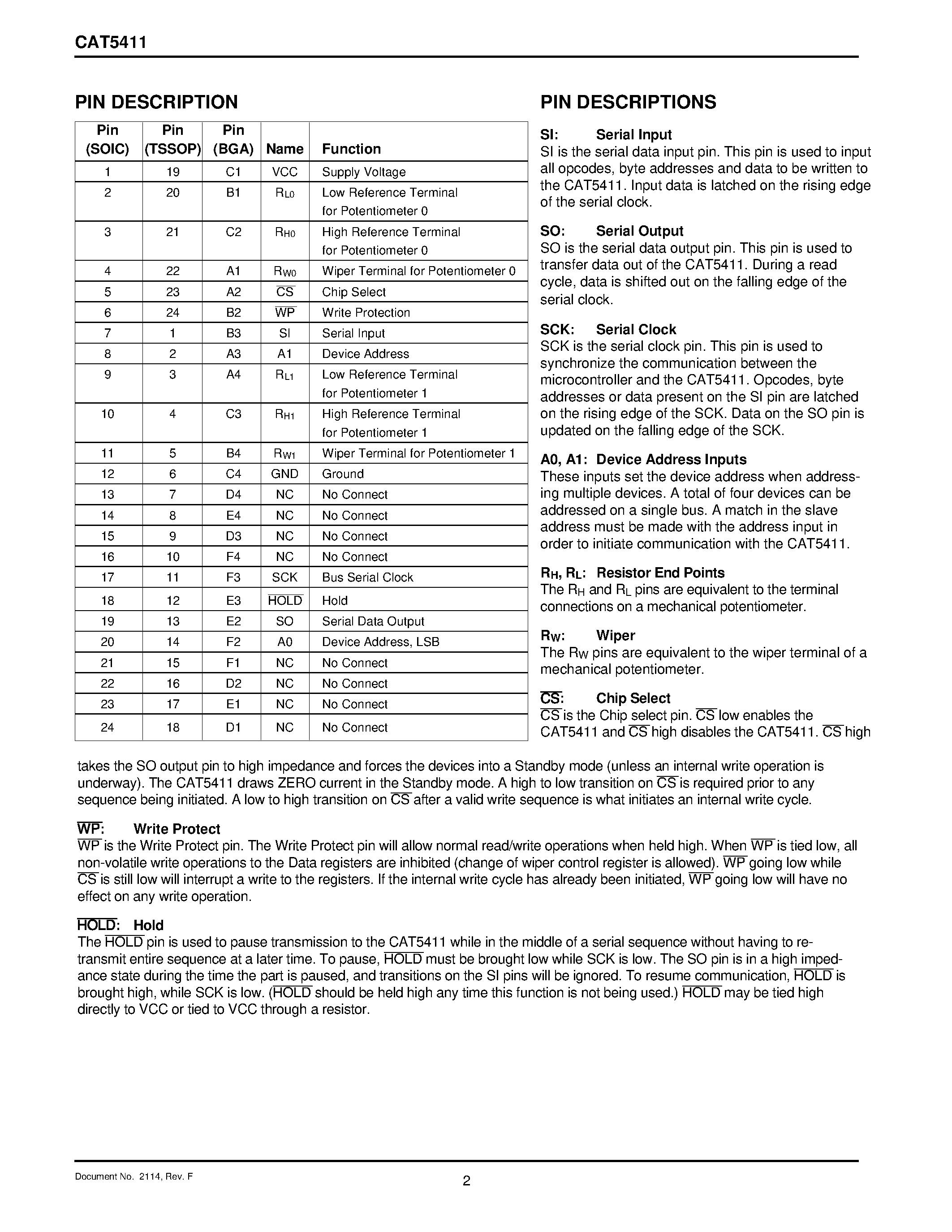 Datasheet CAT5411WI-10-TE13 - Dual Digitally Programmable Potentiometers (DPP) with 64 Taps and SPI Interface page 2