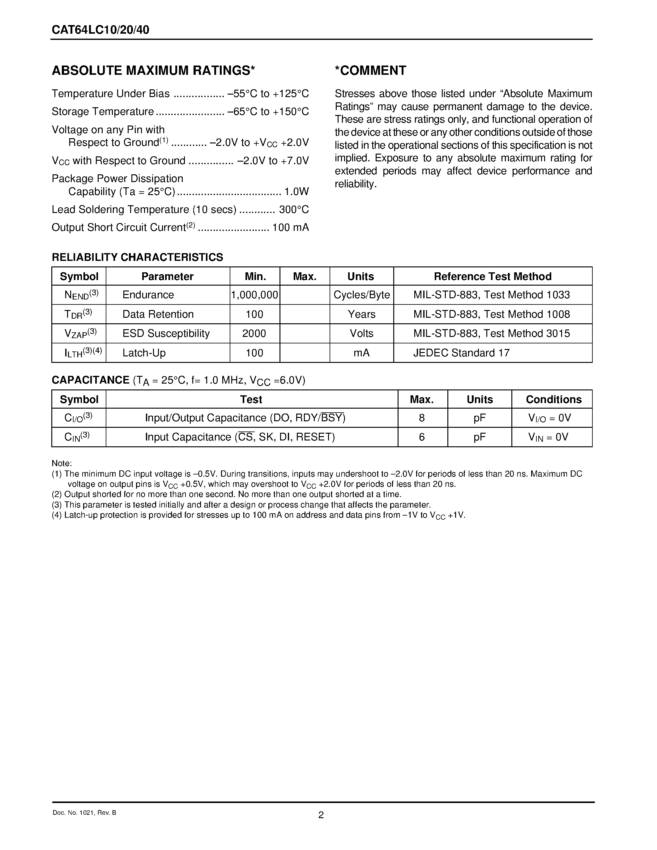 Datasheet CAT64LC10 - 1K/2K/4K-Bit SPI Serial EEPROM page 2