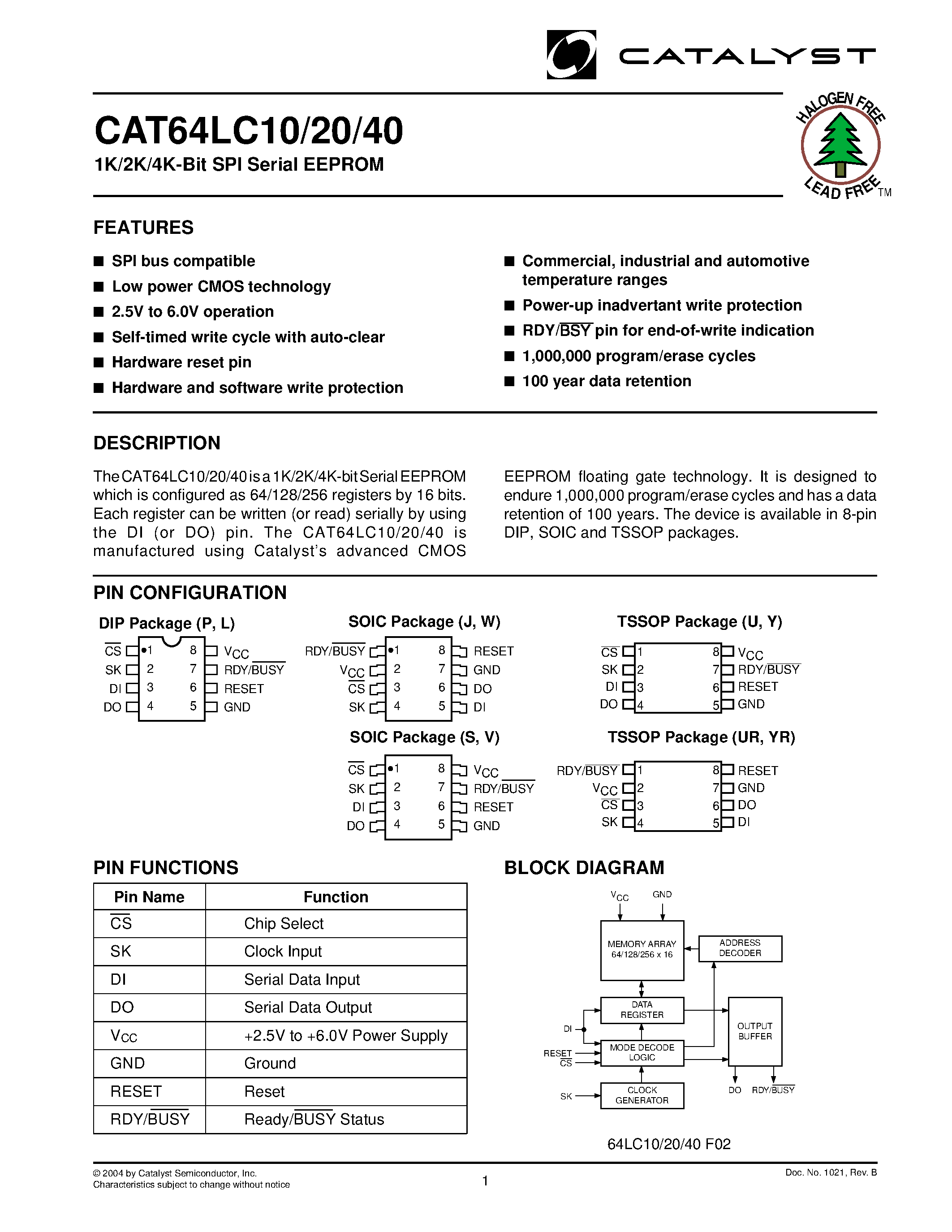 Datasheet CAT64LC20 - 1K/2K/4K-Bit SPI Serial E2PROM page 1