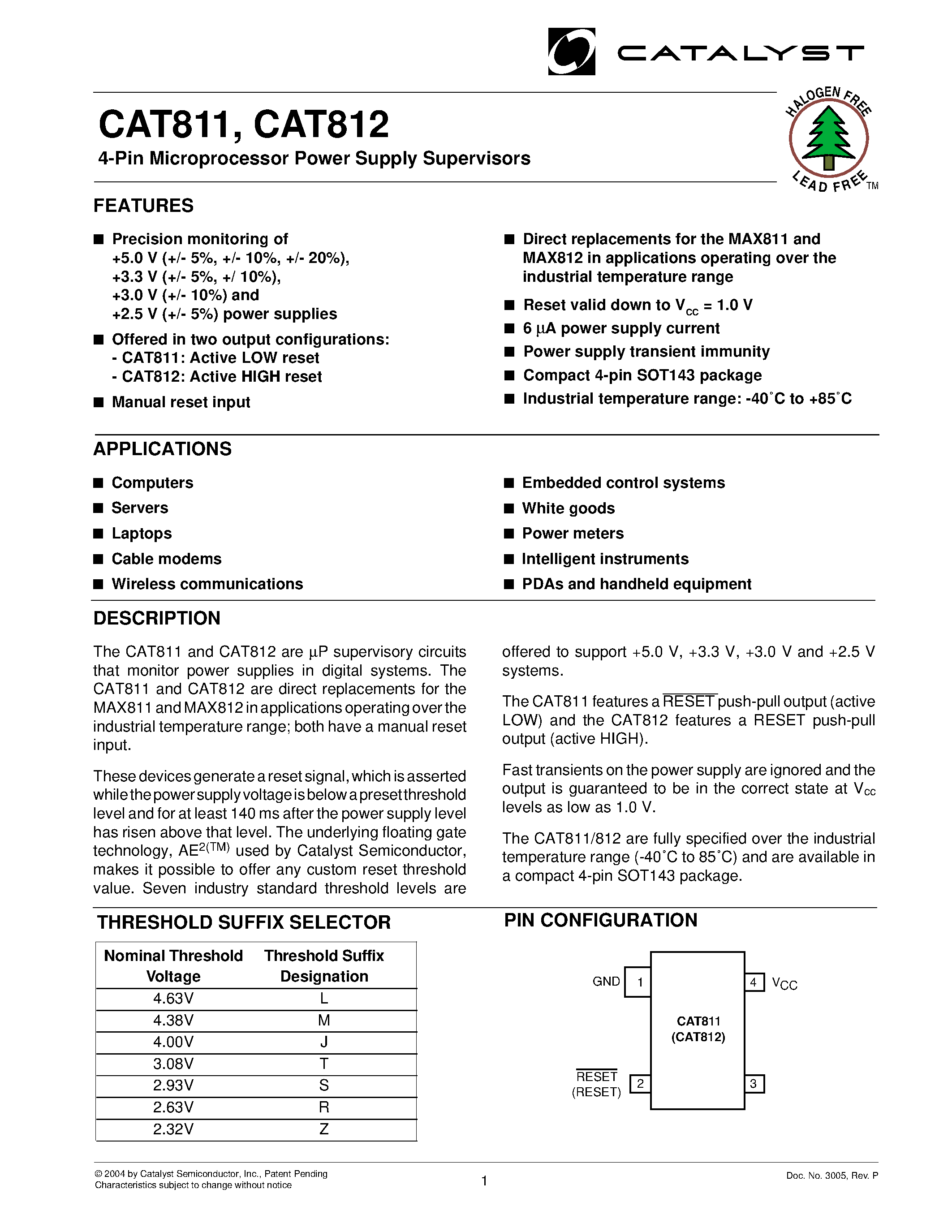 Datasheet CAT811S - 4-Pin Microprocessor Power Supply Supervisors page 1