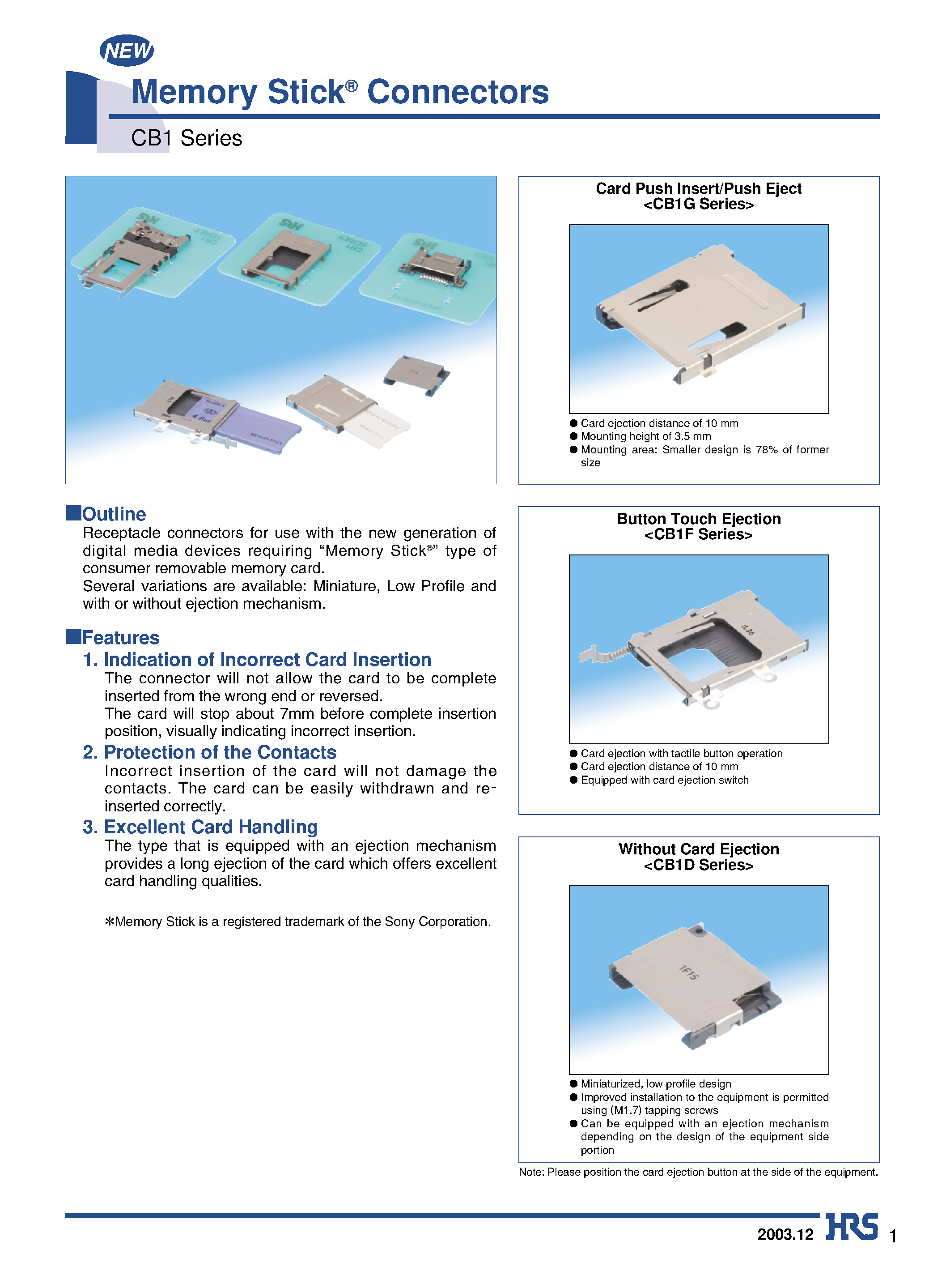 Datasheet CB1C-10S-1.5H-EJR - Memory Stick Connectors page 1
