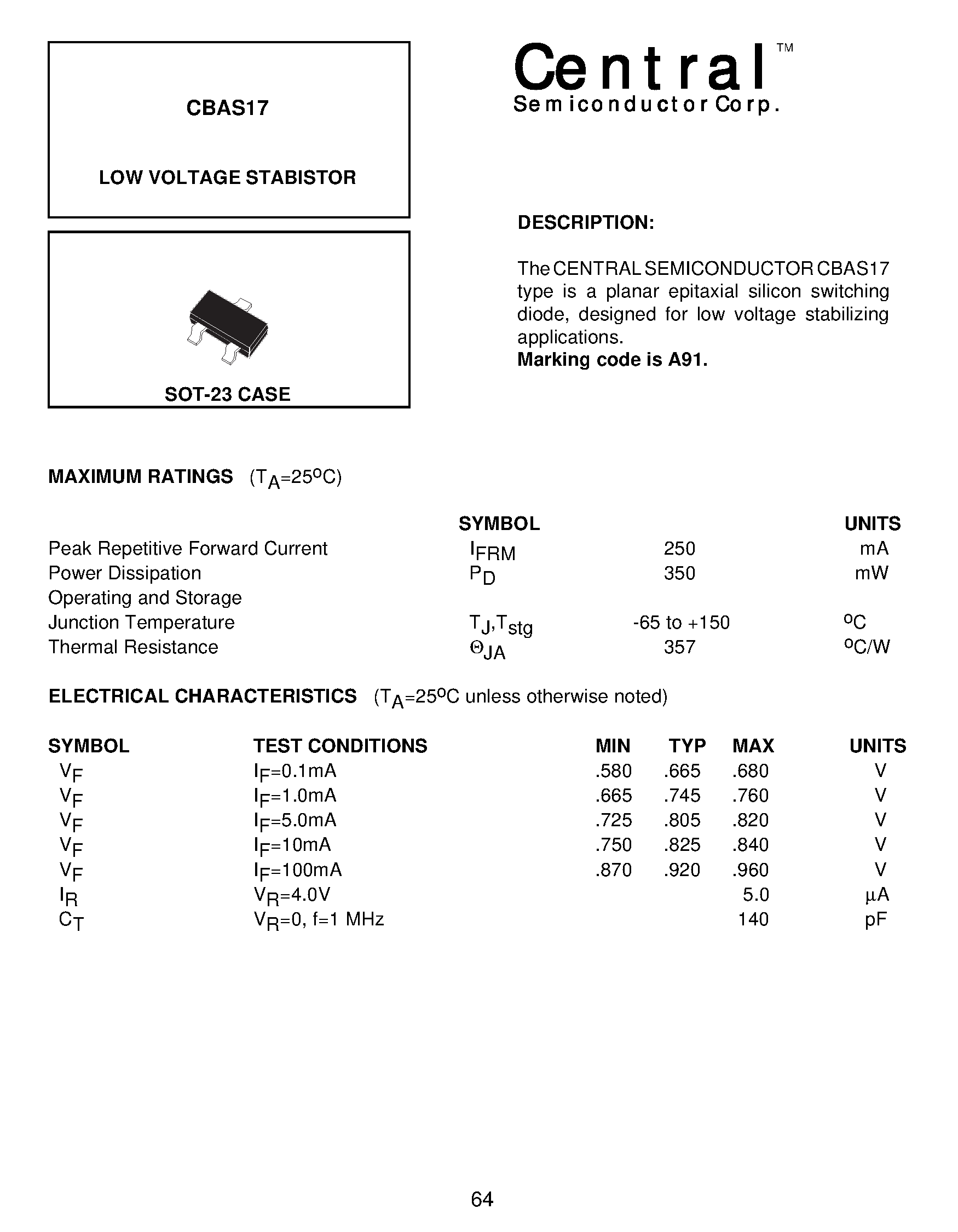 Datasheet CBAS17 page 1 Datasheet CBAS17 - LOW VOLTAGE STABISTOR page 1