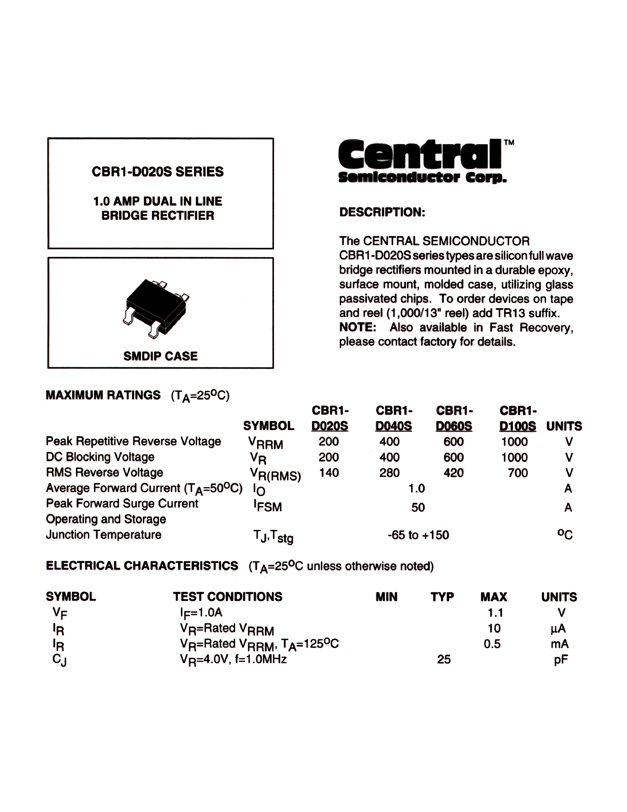 Datasheet CBR1-D020S - 1.0 AMP DUAL IN LINE BRIDGE RECTIFIER page 1