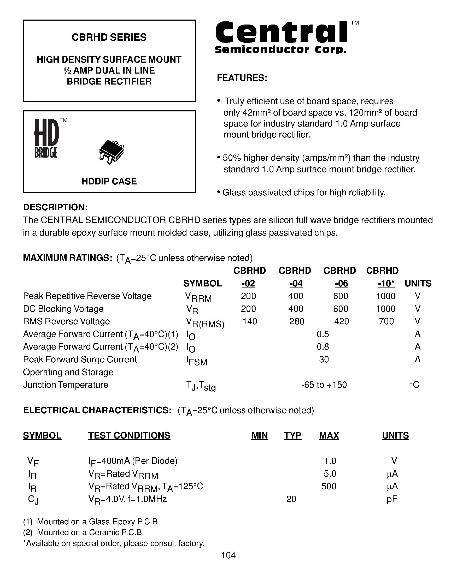 Datasheet CBRHD-06 page 1 Datasheet CBRHD-06 - HIGH DENSITY SURFACE MOUNT AMP DUAL IN LINE BRIDGE RECTIFIER page 1