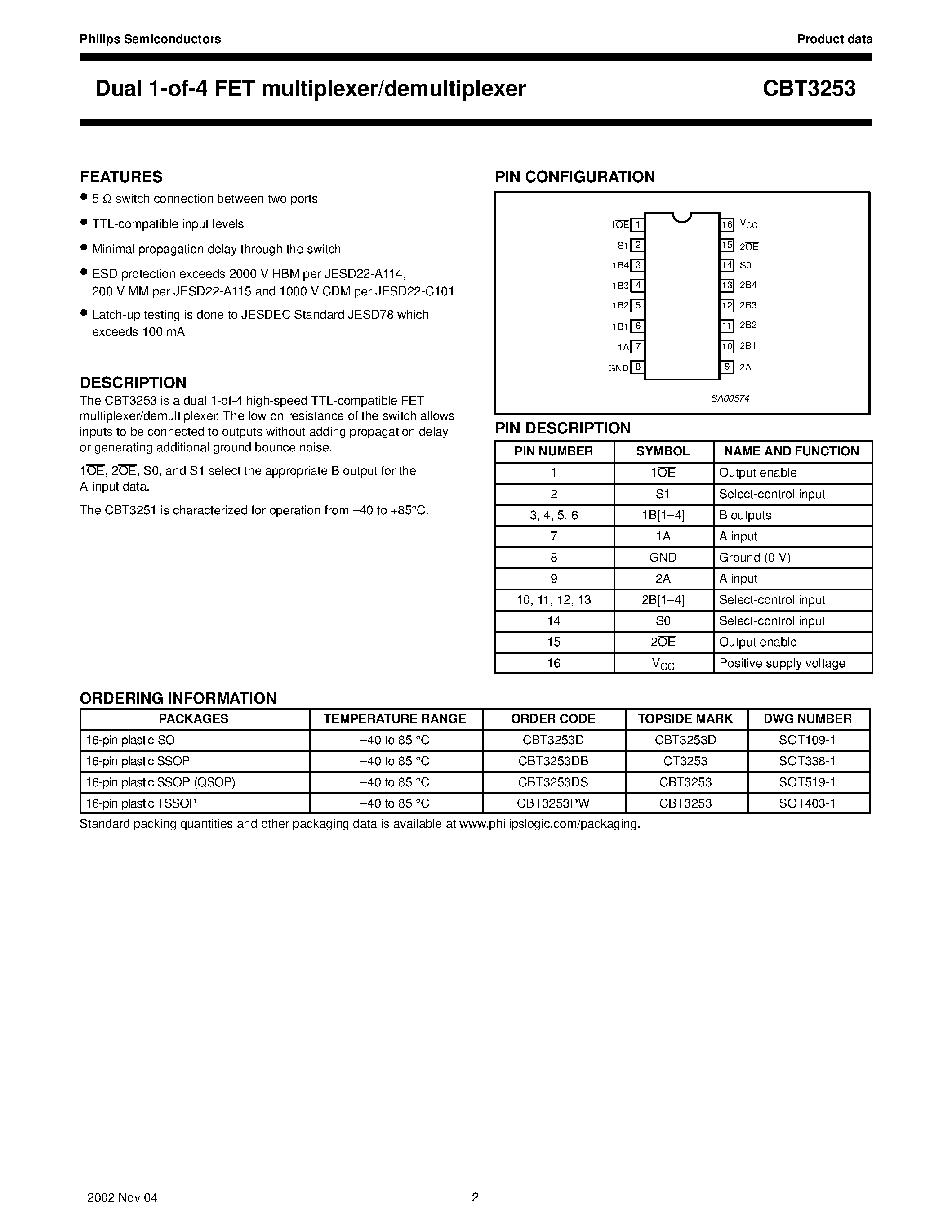 Datasheet CBT3253D - Dual 1-of-4 FET multiplexer/demultiplexer page 2