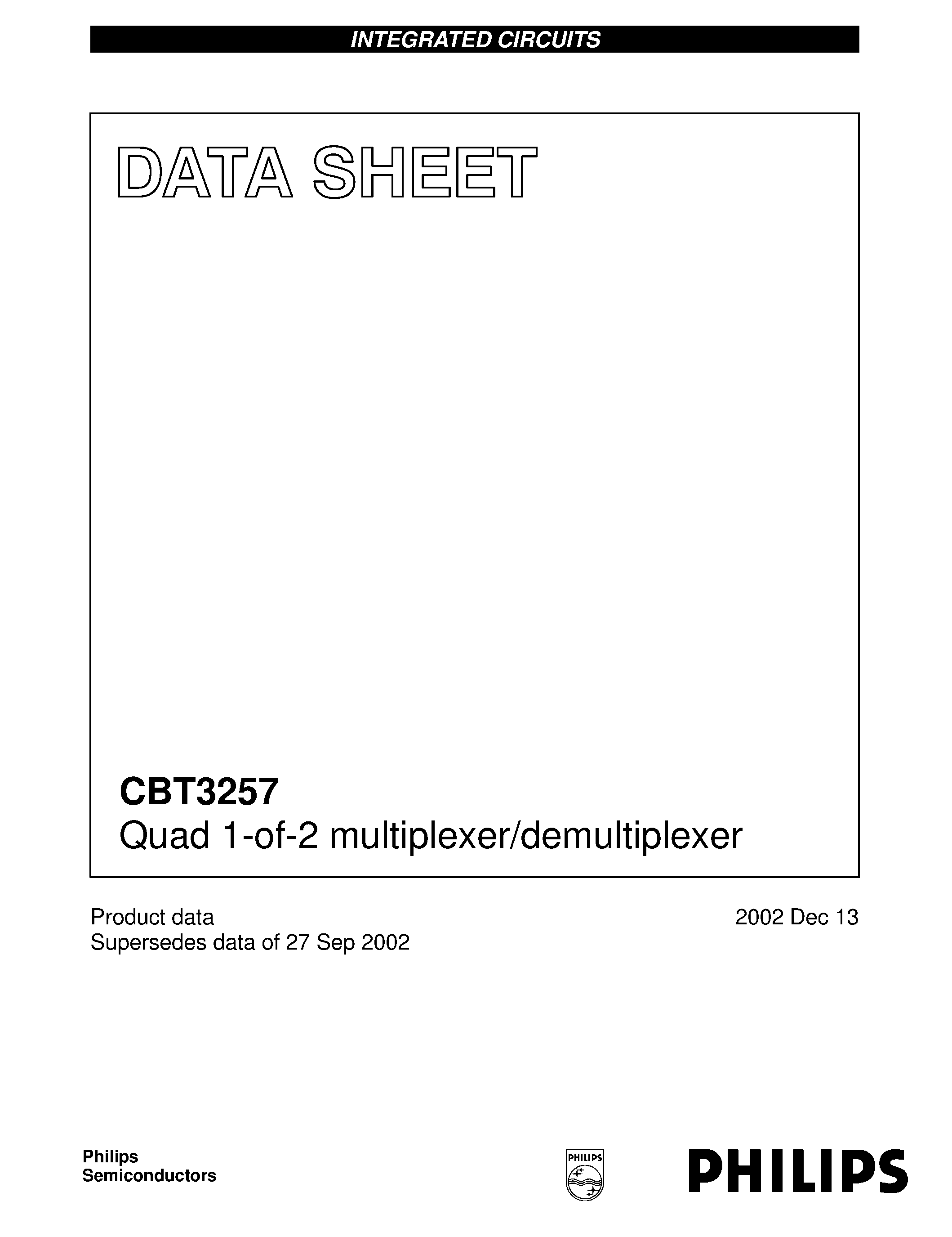 Даташит на микросхему CBT3257D страница 1 Даташит CBT3257D - Quad 1-of-2 multiplexer/demultiplexer страница 1