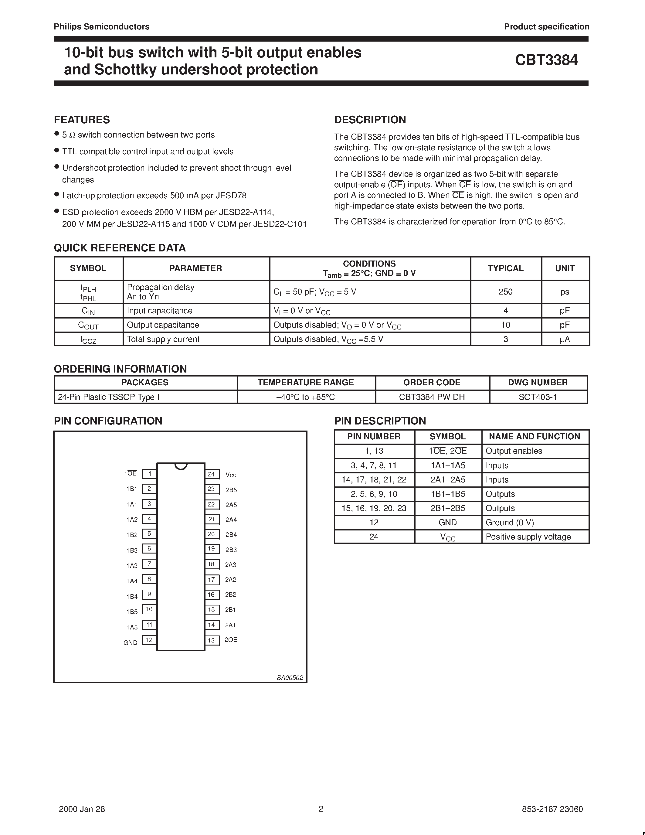 Datasheet CBT3384 - 10-bit bus switch with 5-bit output enables and Schottky undershoot protection page 2