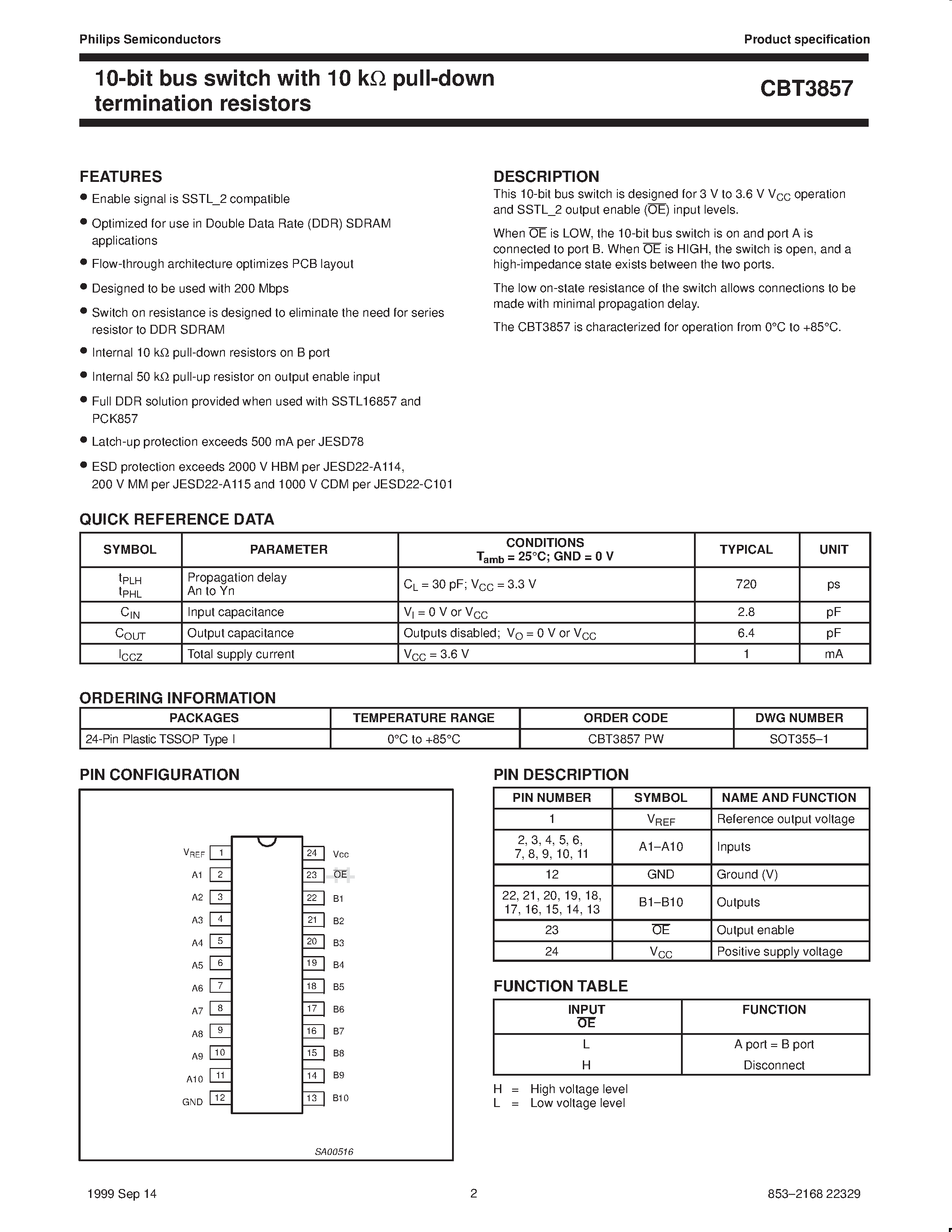 Даташит на микросхему CBT3857 страница 2 Даташит CBT3857 - 10-bit bus switch with 10 kohm pull-down termination resistors страница 2