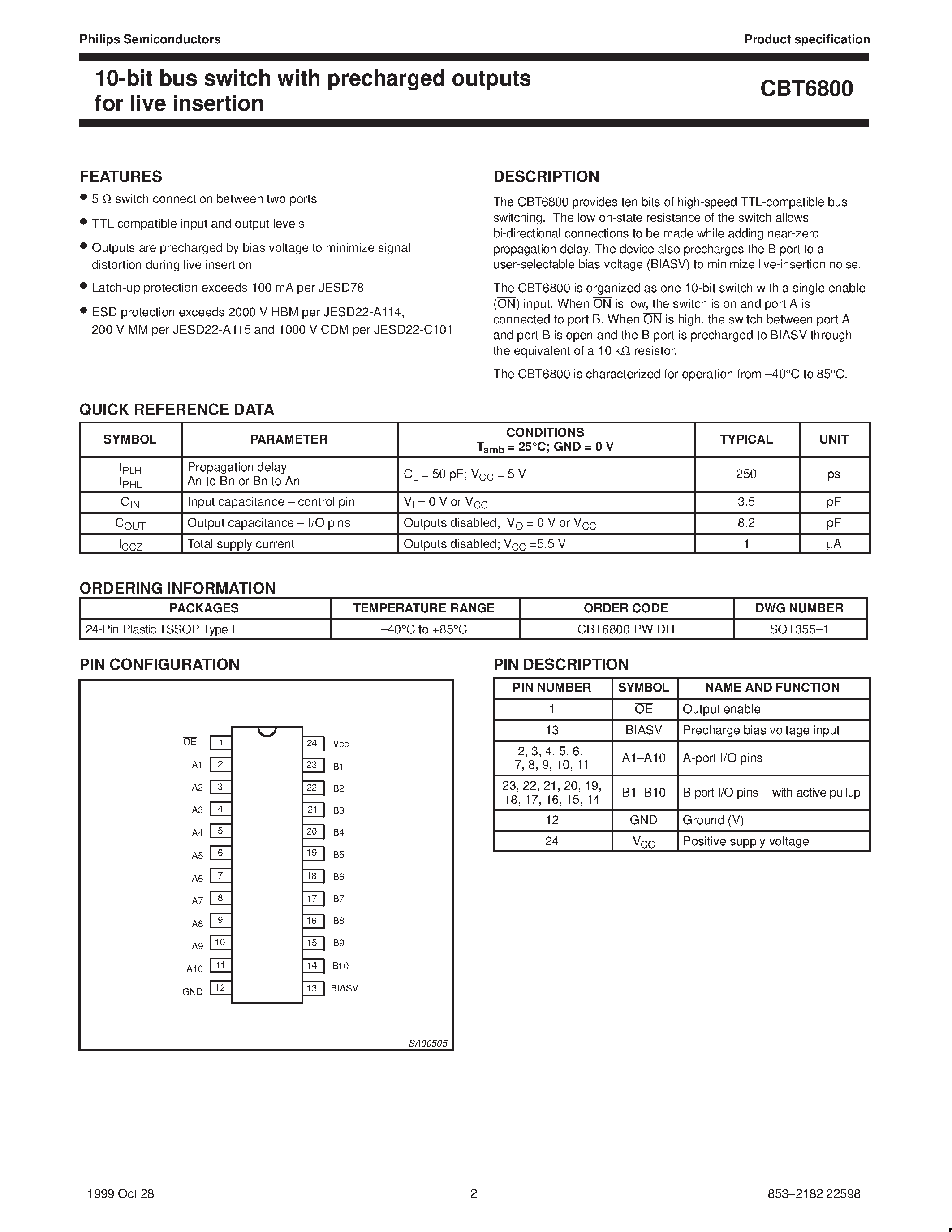 Даташит на микросхему CBT6800 страница 2 Даташит CBT6800 - 10-bit bus switch with precharged outputs for live insertion страница 2