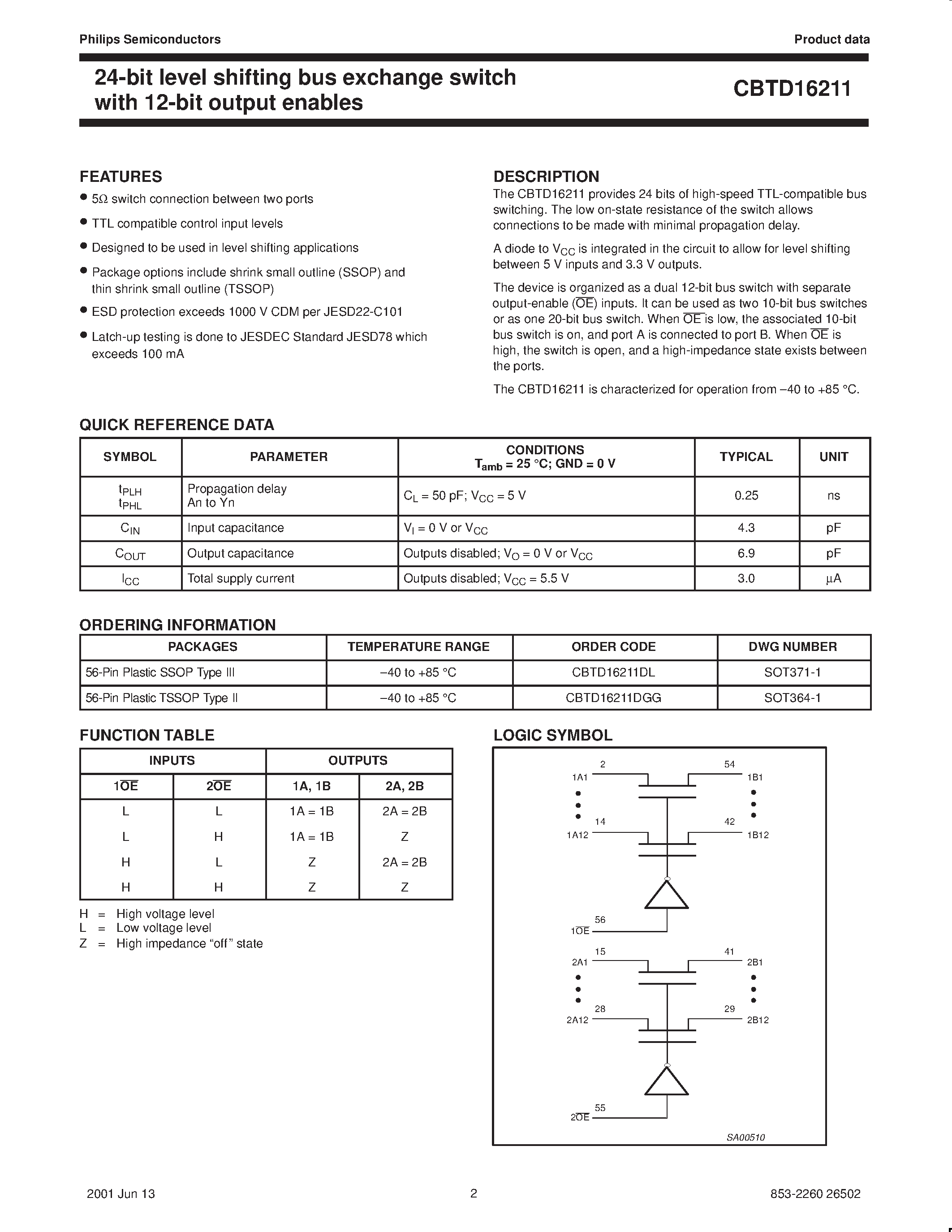 Даташит на микросхему CBTD16211 страница 2 Даташит CBTD16211 - 24-bit level shifting bus exchange switch with 12-bit output enables страница 2