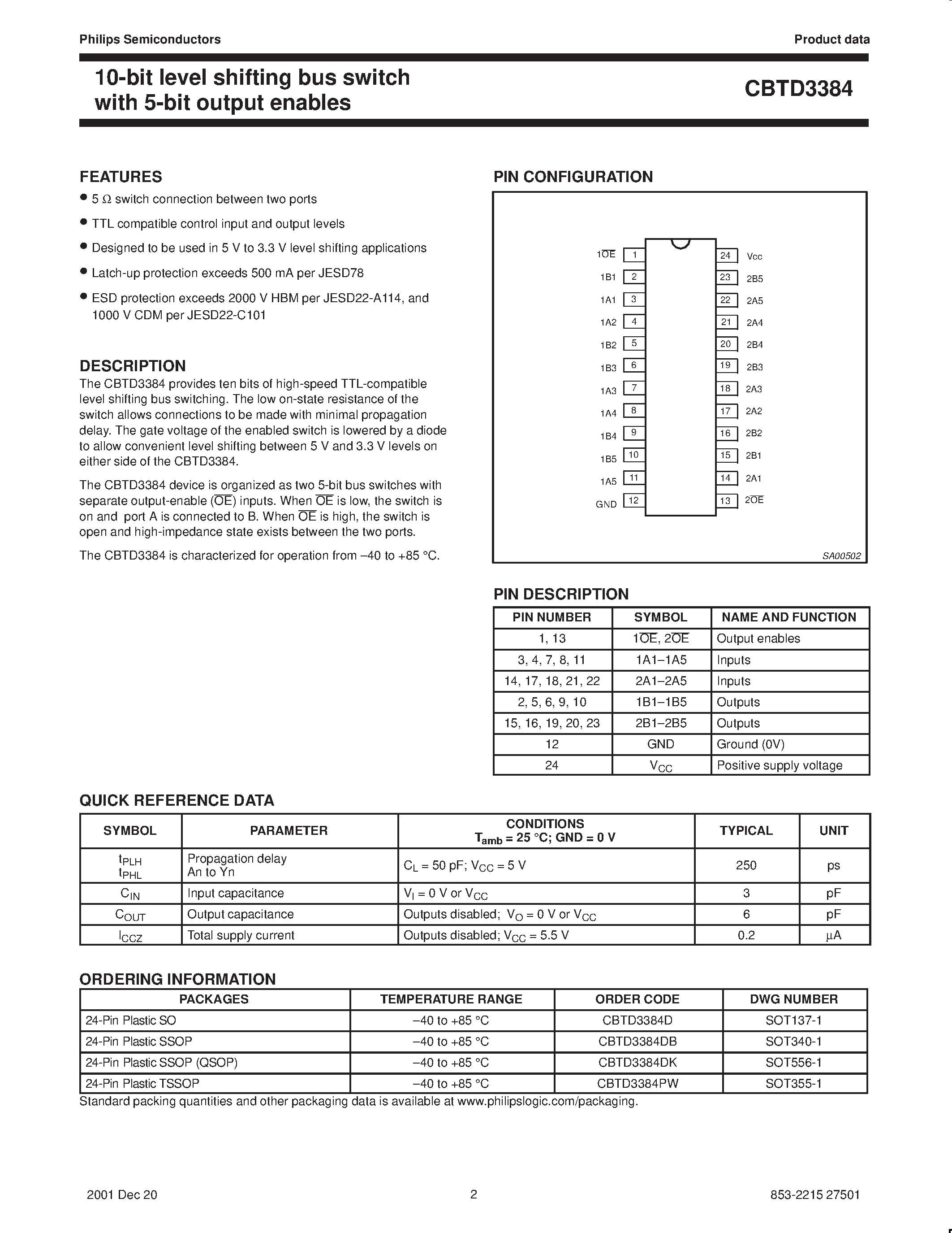 Datasheet CBTD3384DK - 10-bit level shifting bus switch with 5-bit output enables page 2