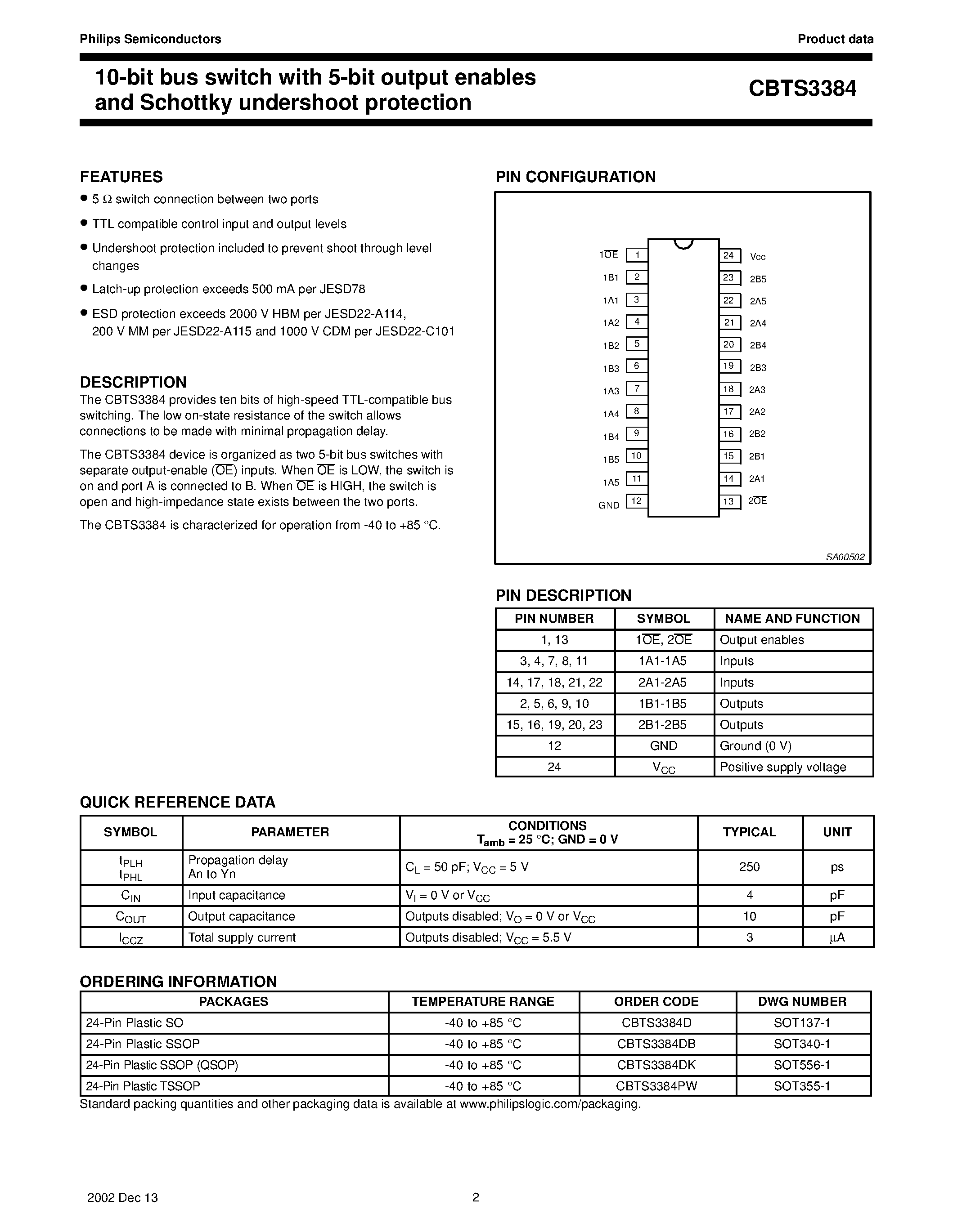 Datasheet CBTS3384D - 10-bit bus switch with 5-bit output enables and Schottky undershoot protection page 2