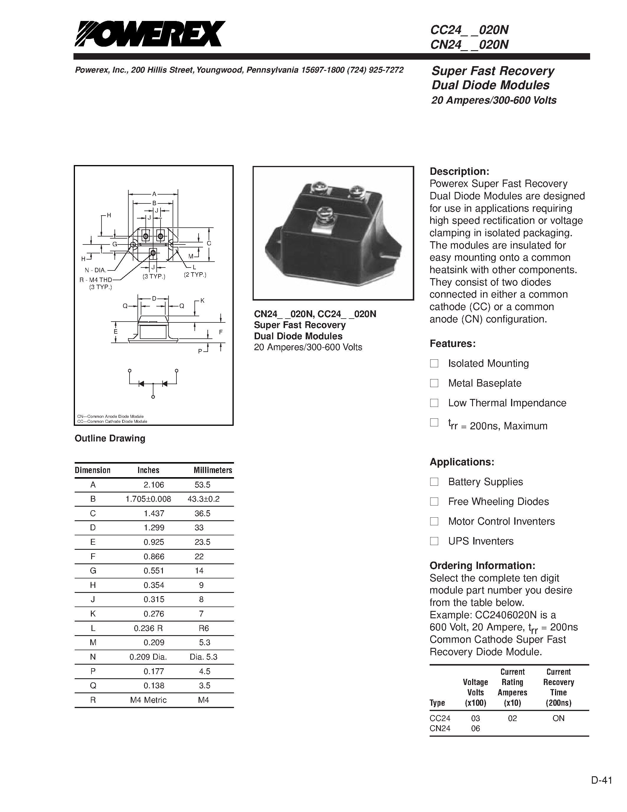 Datasheet CC2406020N - Super Fast Recovery Dual Diode Modules 20 Amperes/300-600 Volts page 1