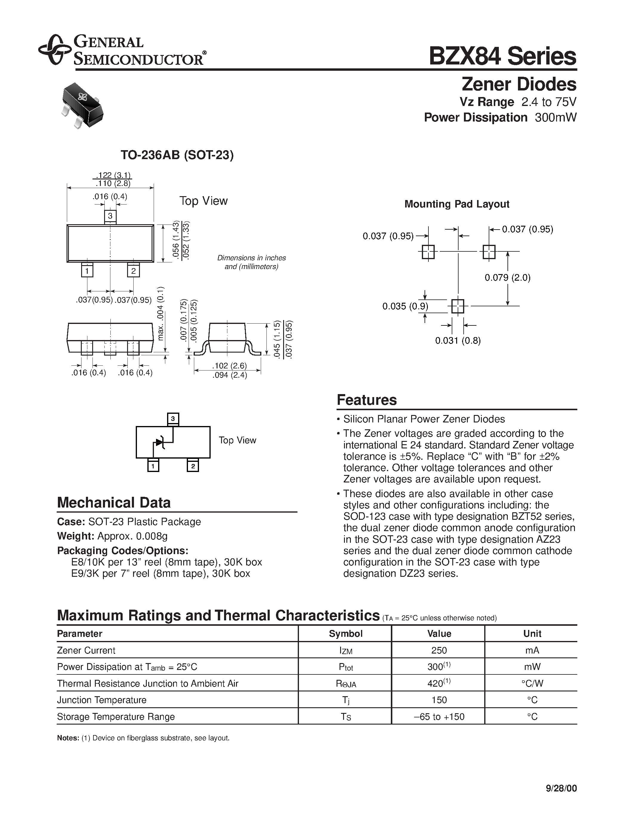 Даташит BZX84-B13 - Zener Diodes страница 1