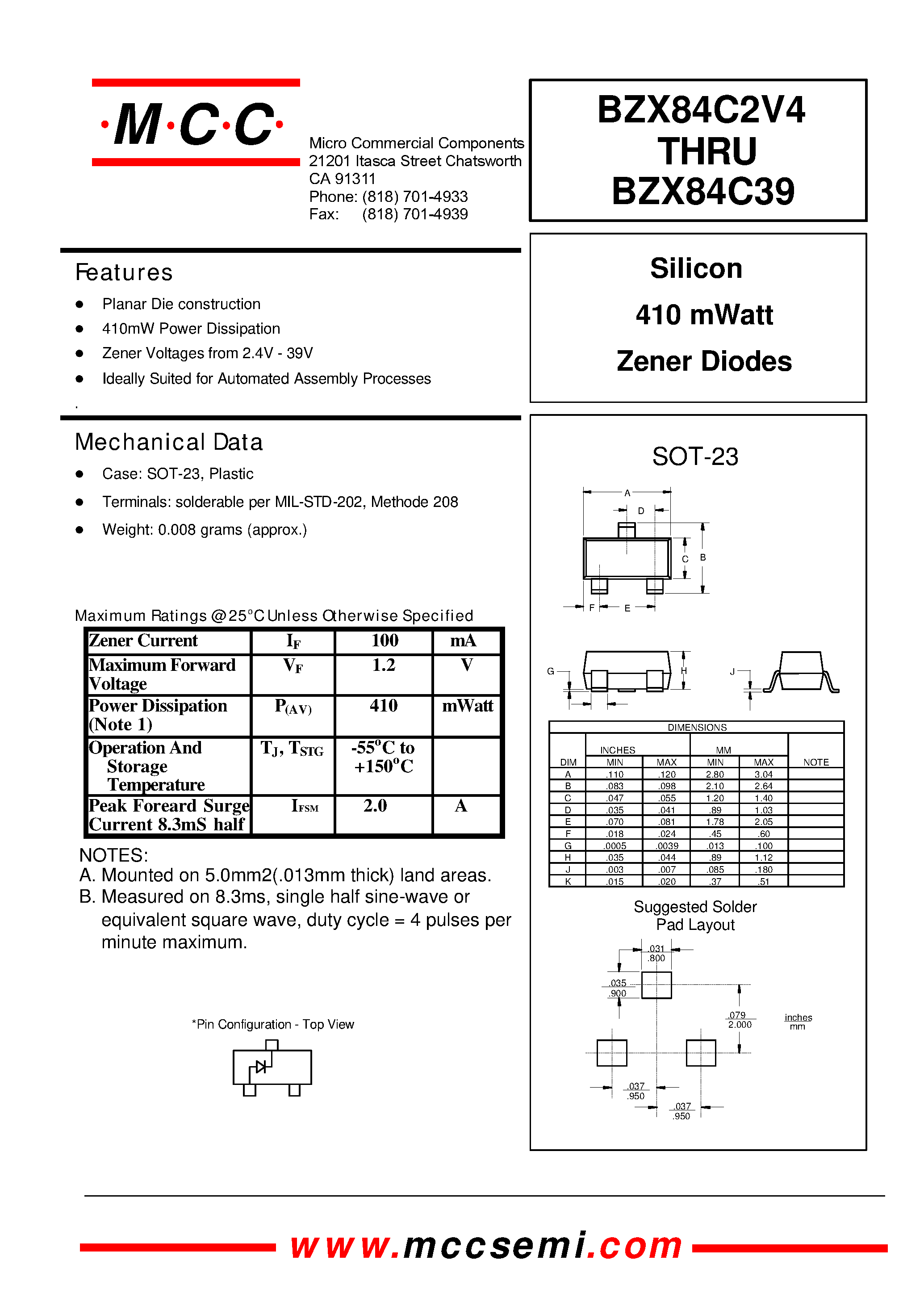 Datasheet BZX84C13 - Silicon 410 mWatt Zener Diodes page 1