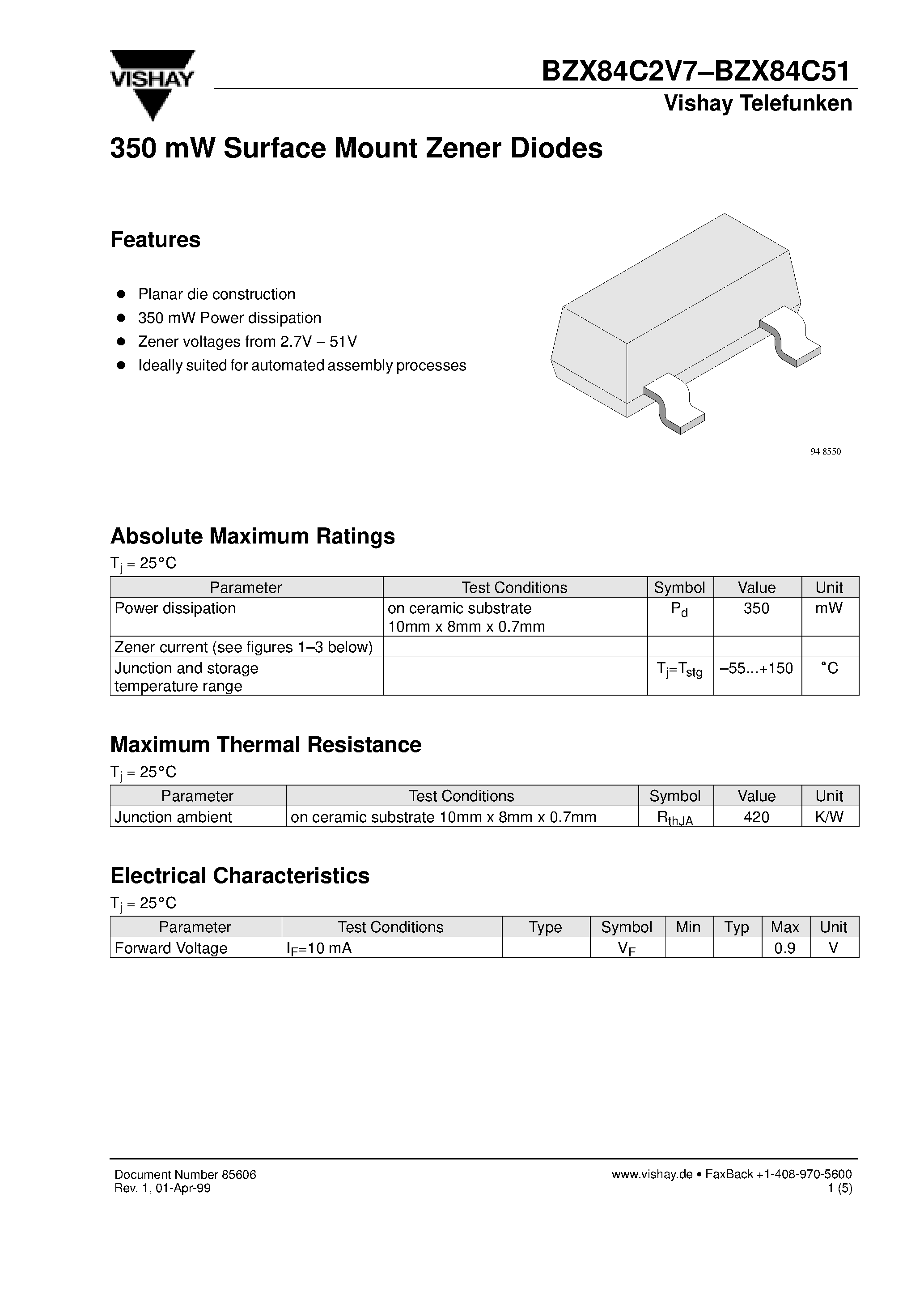 Datasheet BZX84C15 - Silicon 410 mWatt Zener Diodes page 1