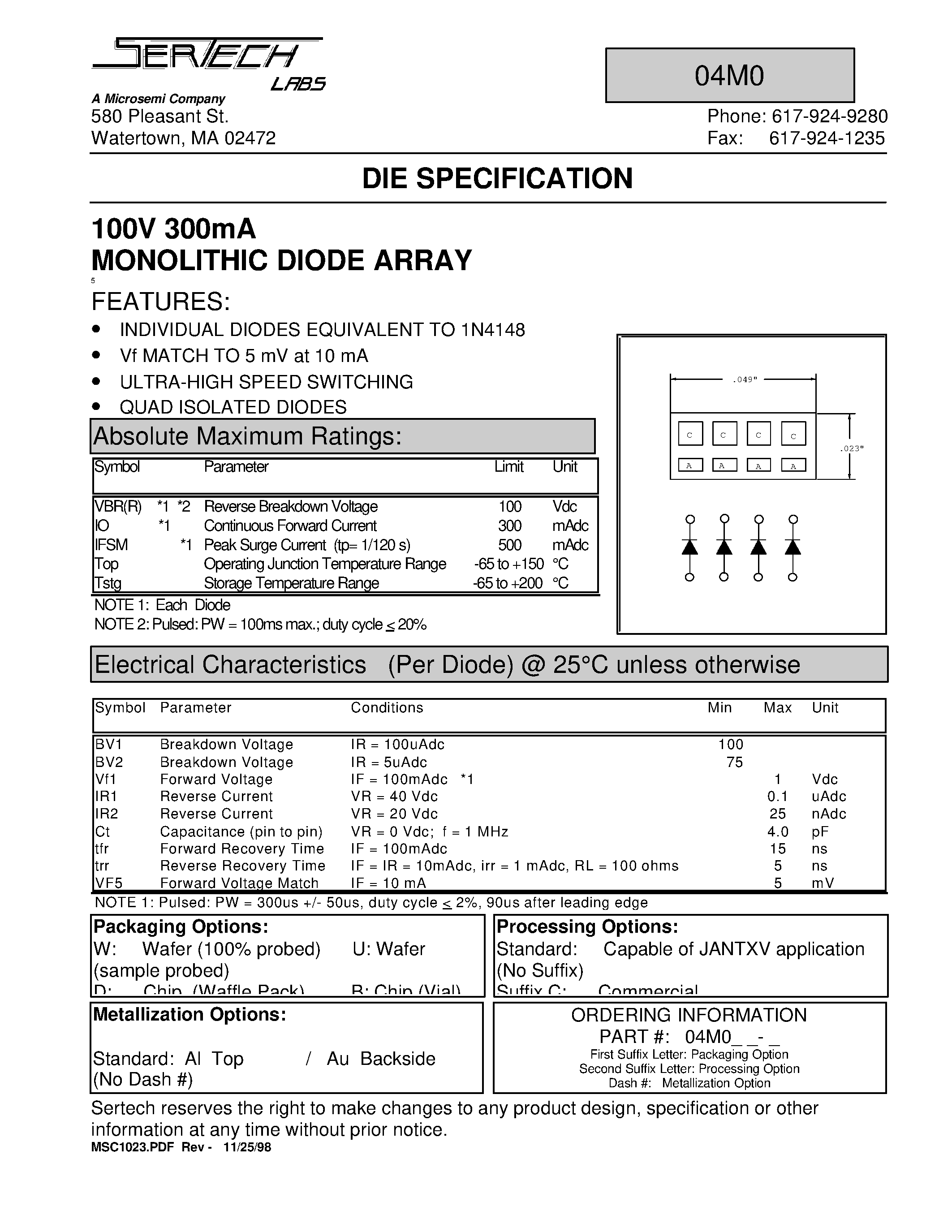 Datasheet 04M0WC page 1 Datasheet 04M0WC - 100V 300mA MONOLITHIC DIODE ARRAY page 1