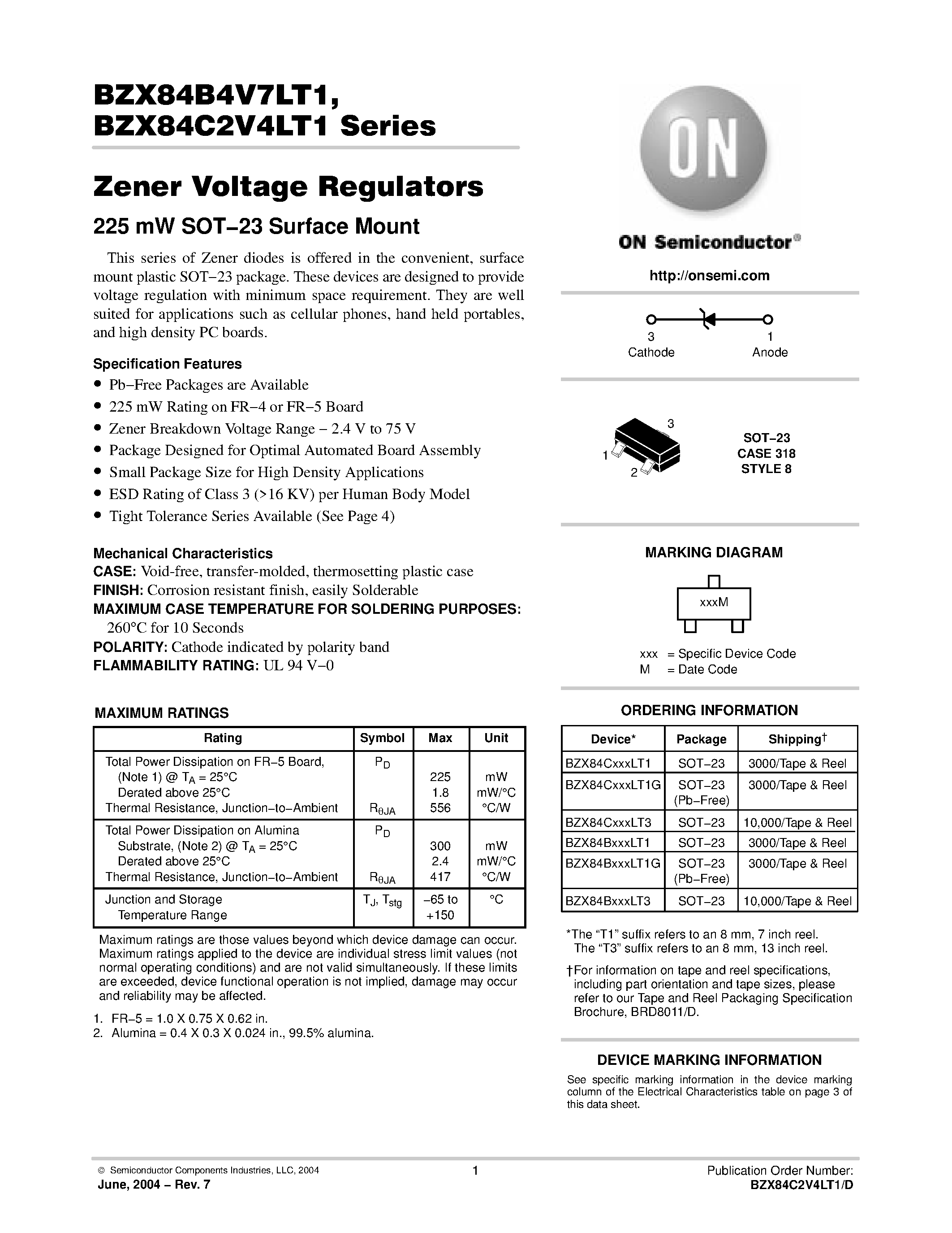 Datasheet BZX84C2V7LT1G - Zener Voltage Regulators page 1