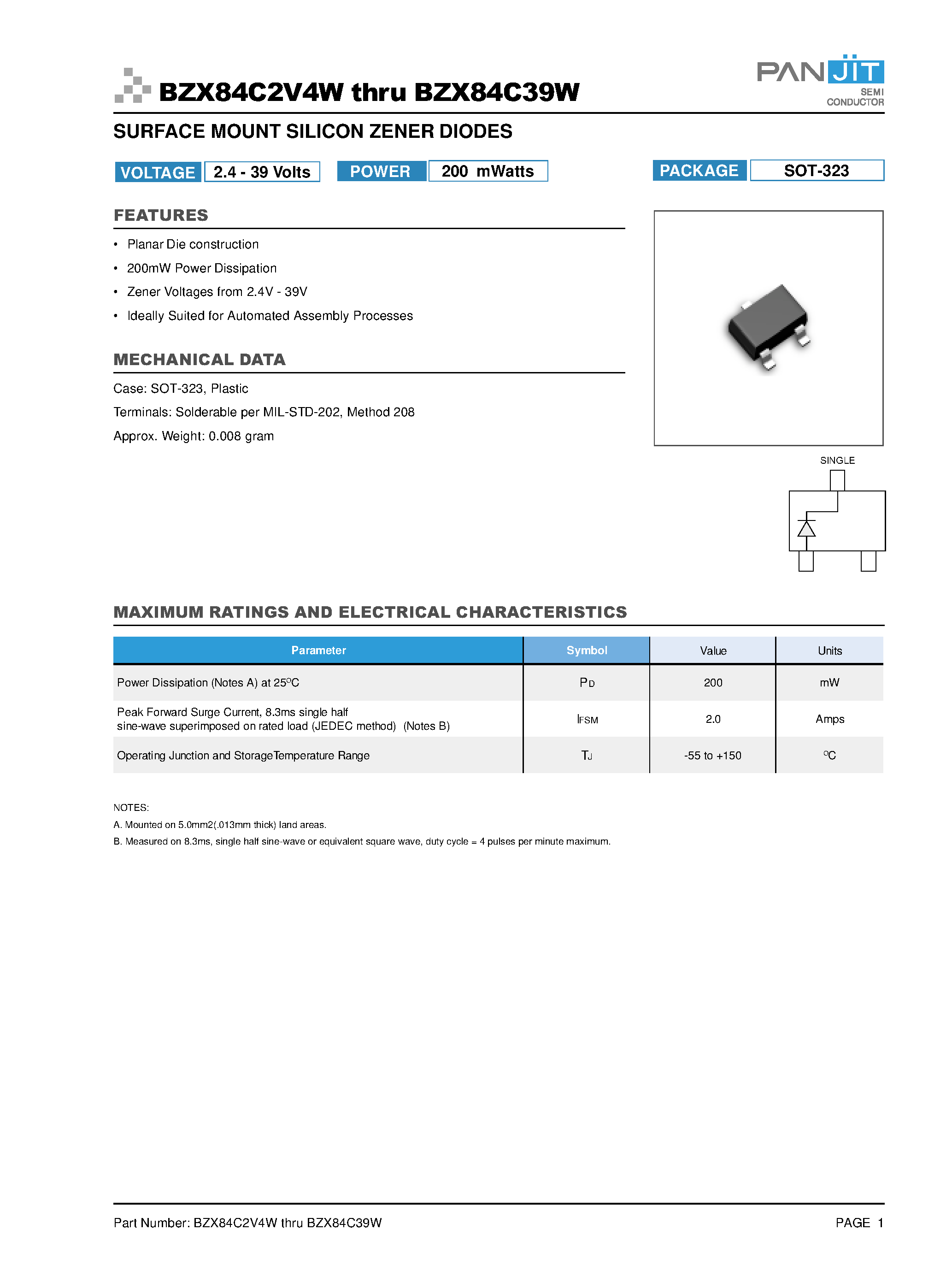 Datasheet BZX84C3W - SURFACE MOUNT SILICON ZENER DIODES page 1