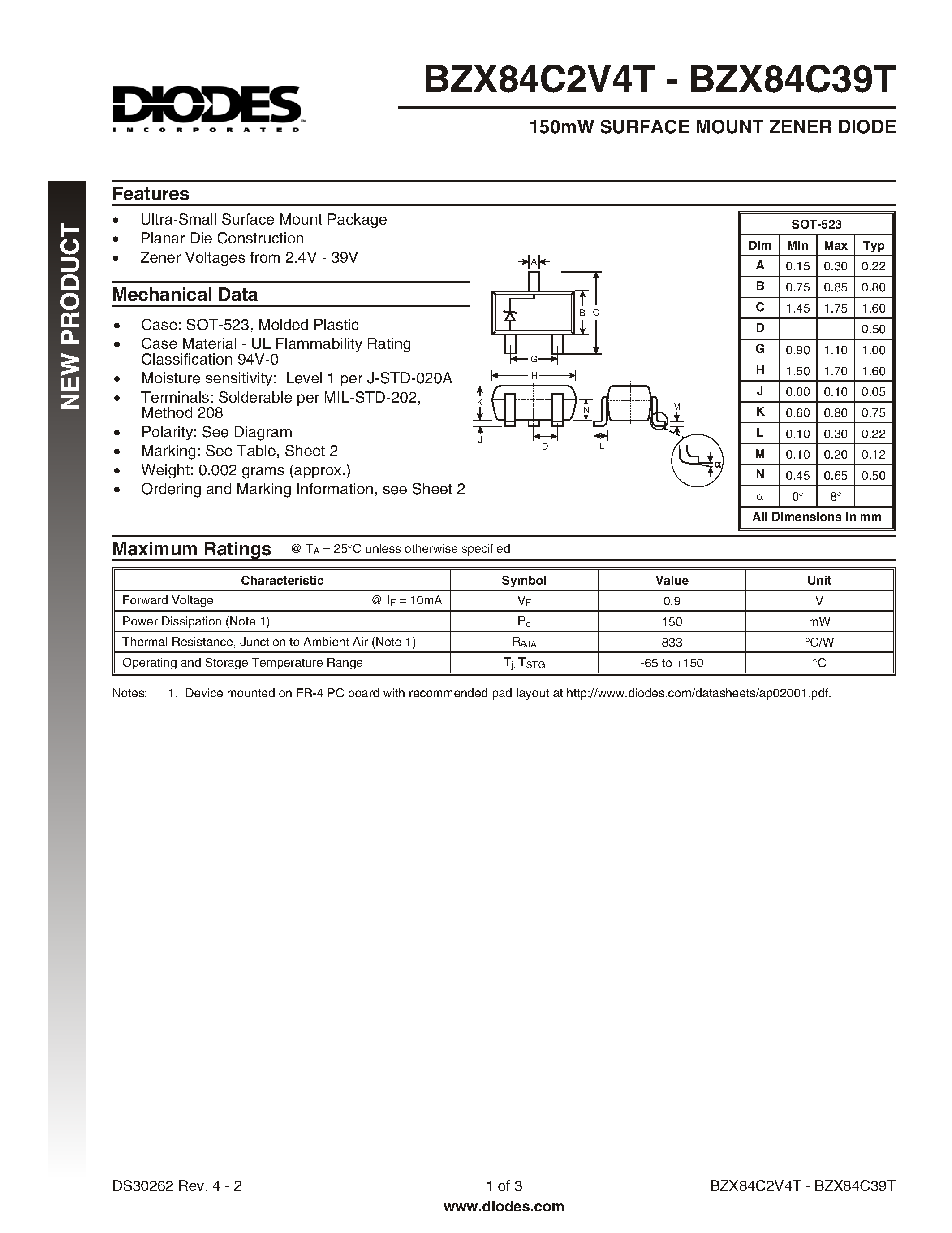 Datasheet BZX84C4V7T - 1500W SURFACE MOUNT ZENER DIODE page 1