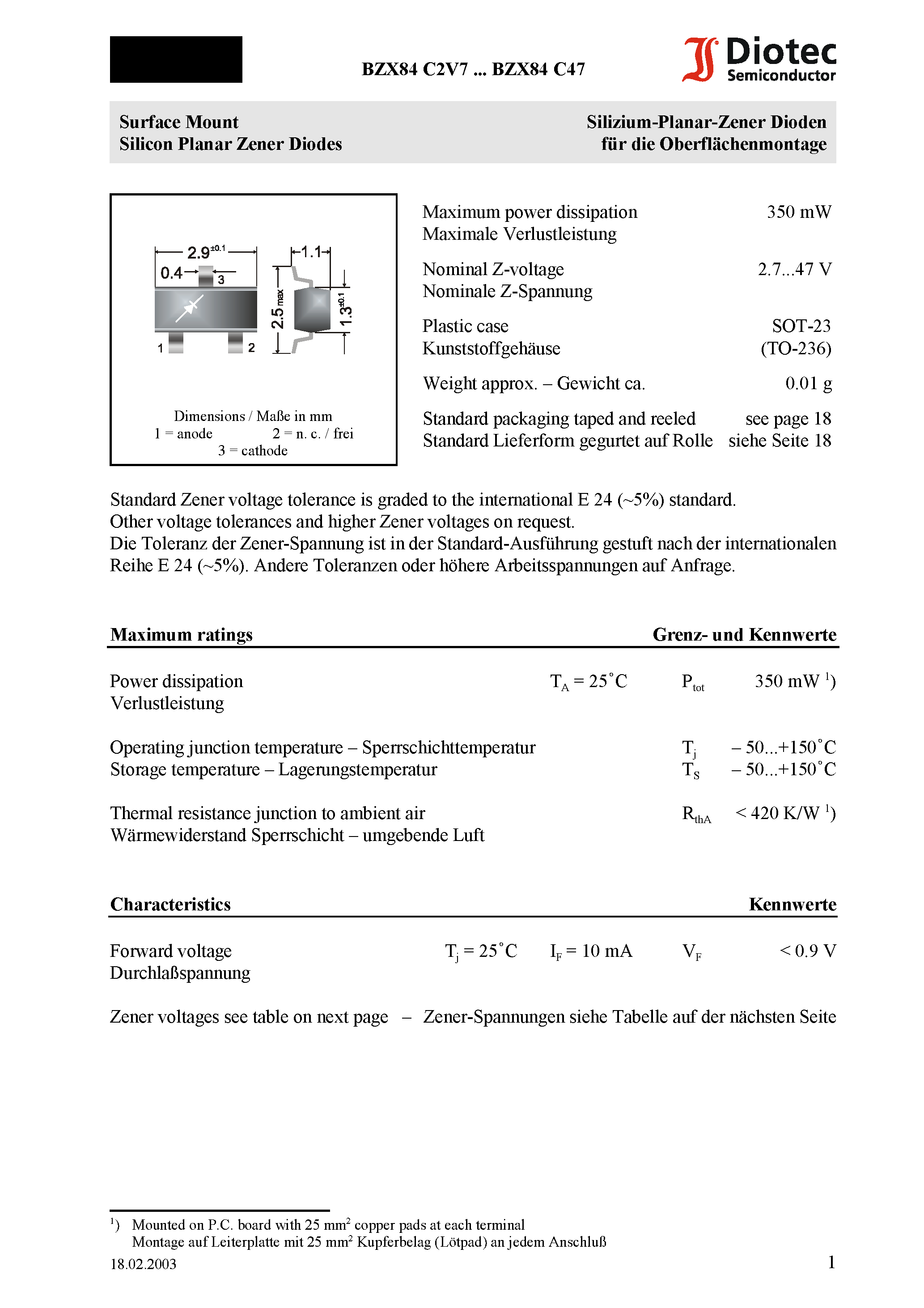 Datasheet BZX84C6V8 - Surface Mount Silicon Planar Zener Diodes page 1