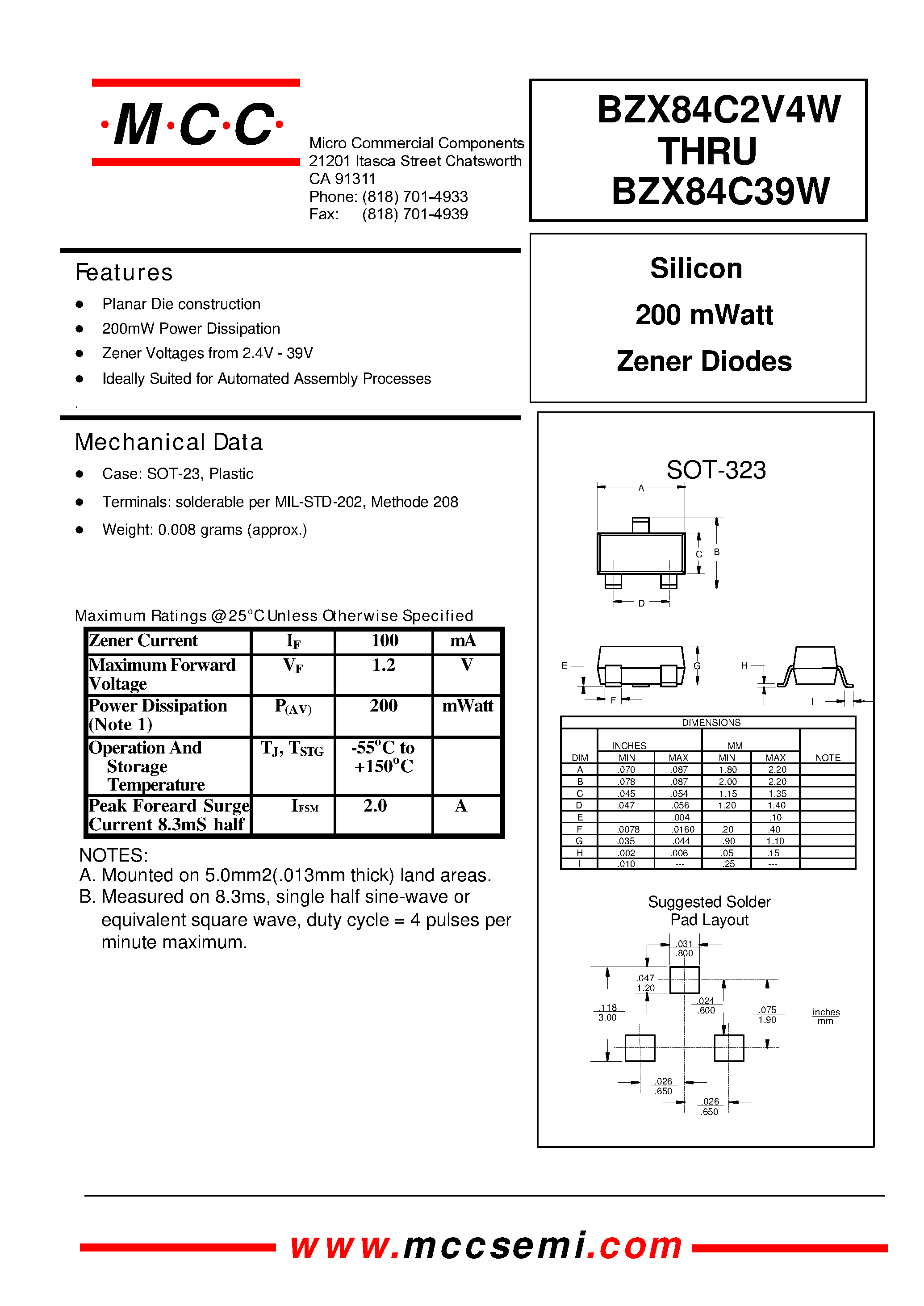 Datasheet BZX84C6V8W - Silicon 200 mWatt Zener Diodes page 1