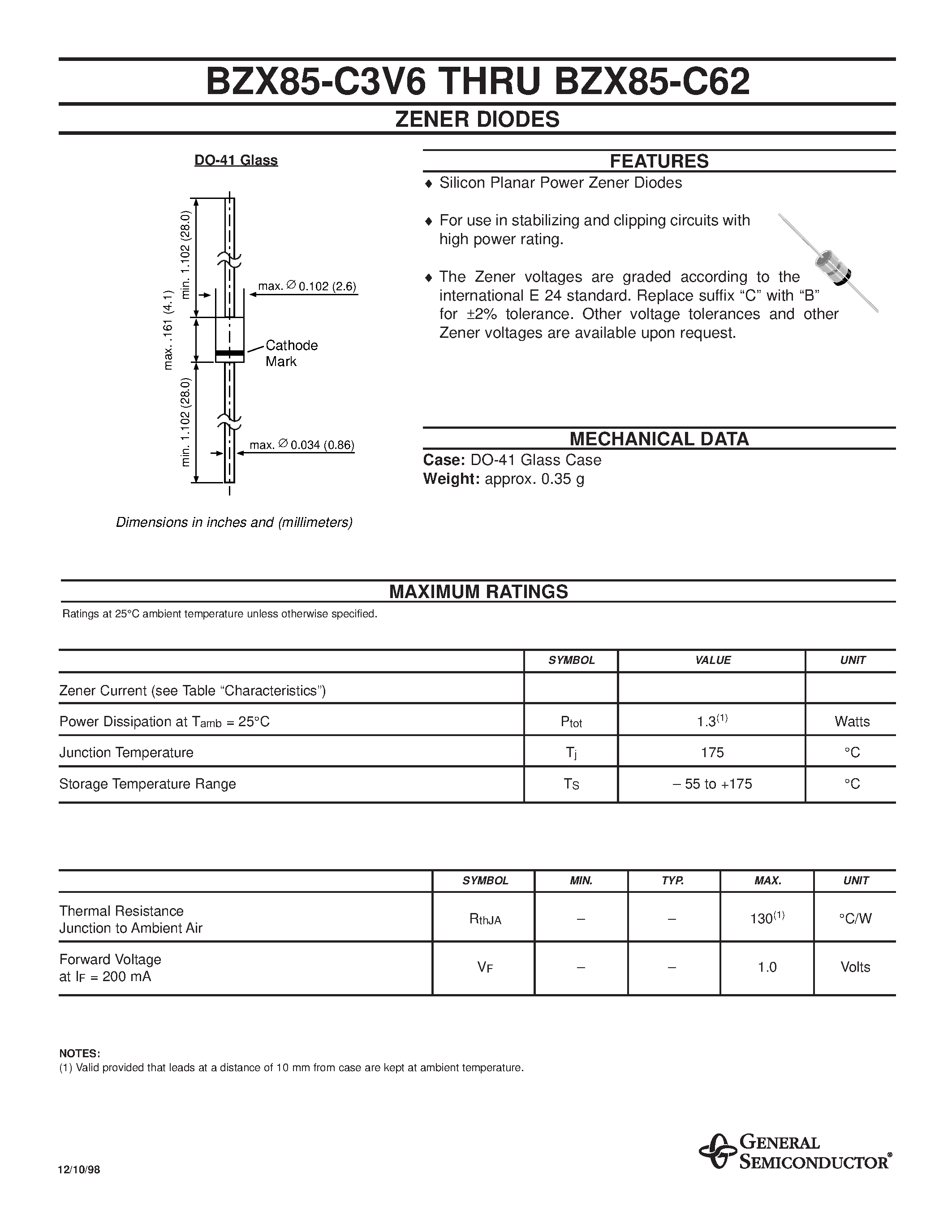Datasheet BZX85-C30 - ZENER DIODES page 1