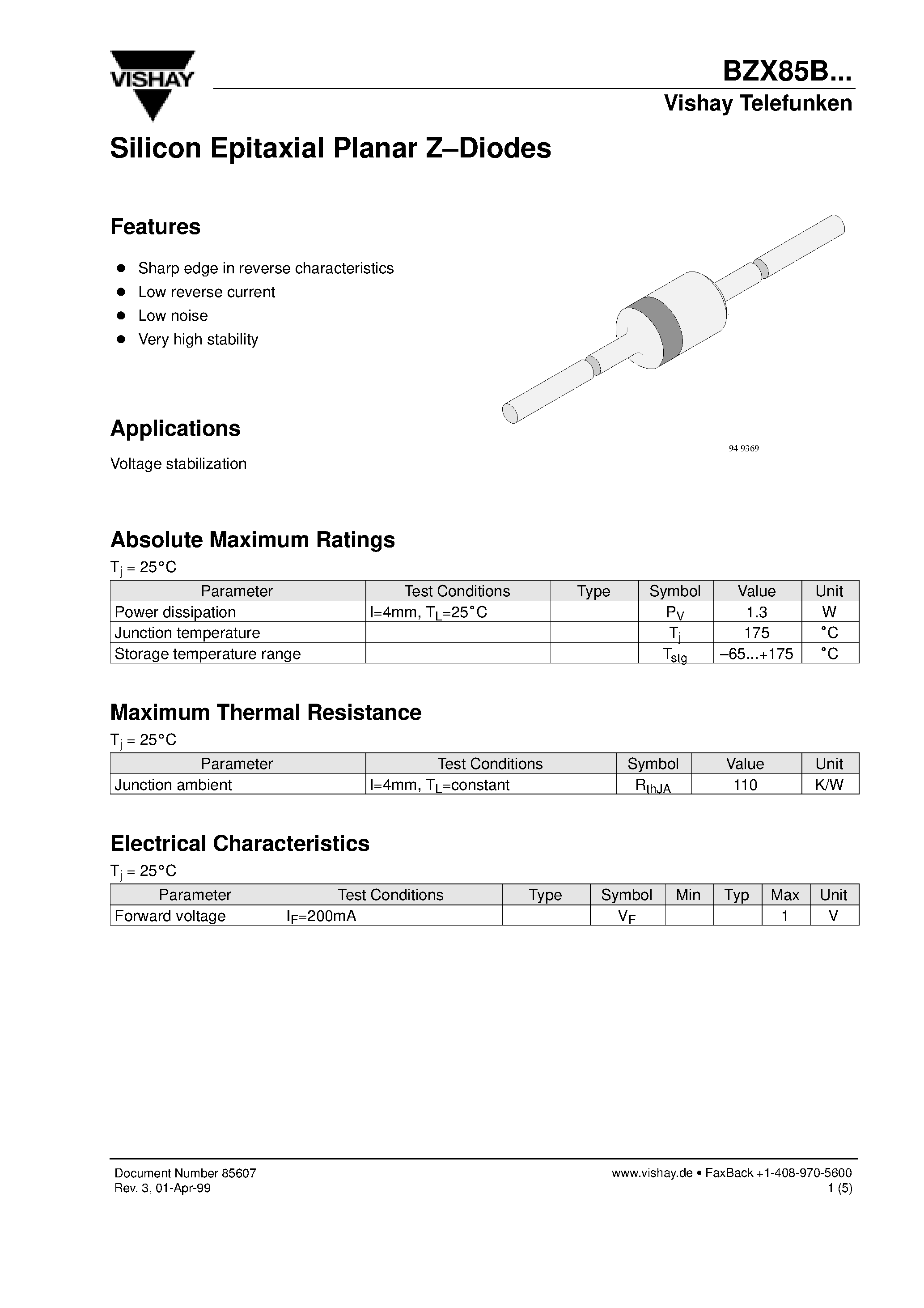 Datasheet BZX85B7V5 page 1 Datasheet BZX85B7V5 - Silicon Epitaxial Planar Z-Diodes page 1