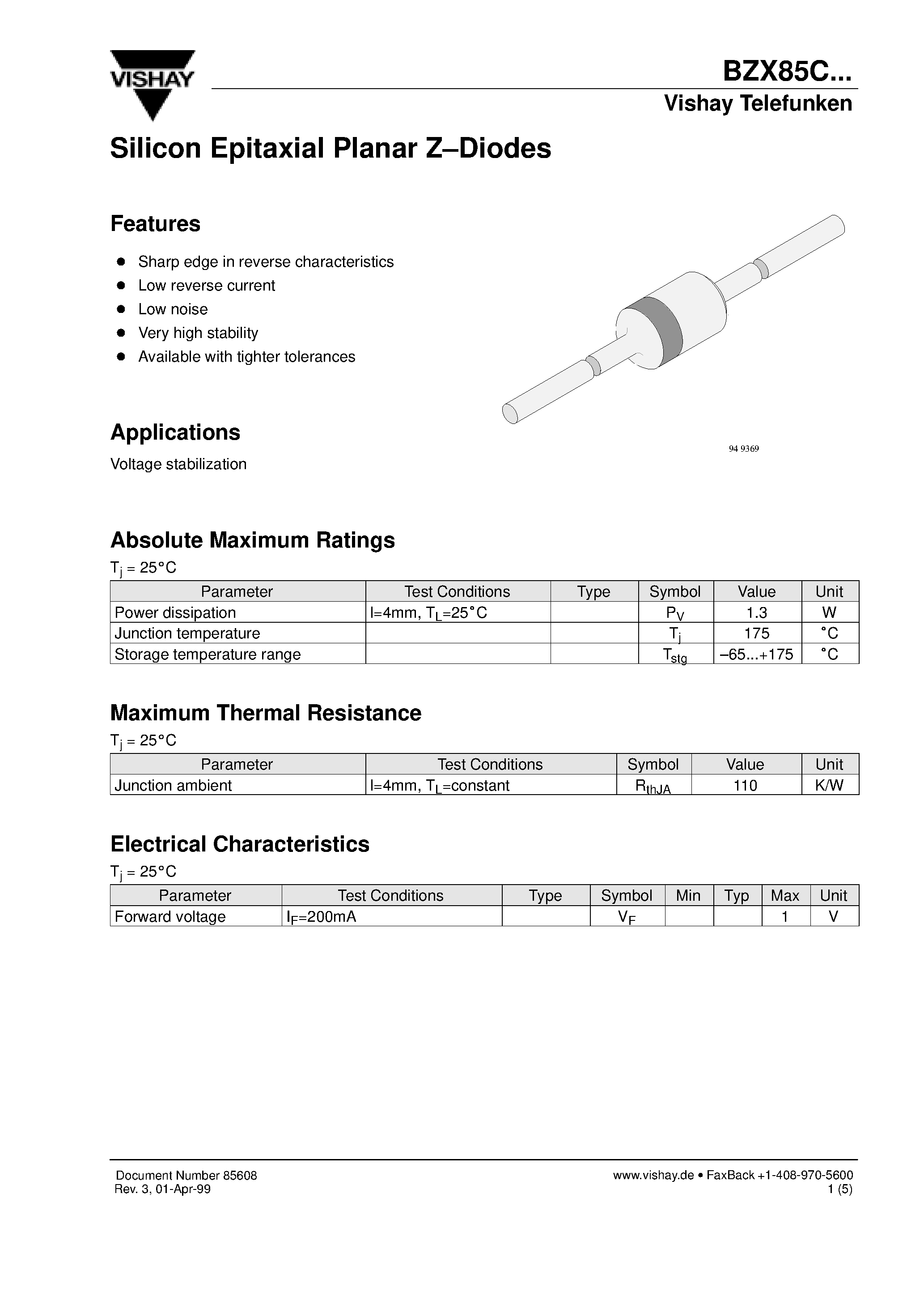 Datasheet BZX85C7V5 - Silicon Epitaxial Planar Z-Diodes page 1