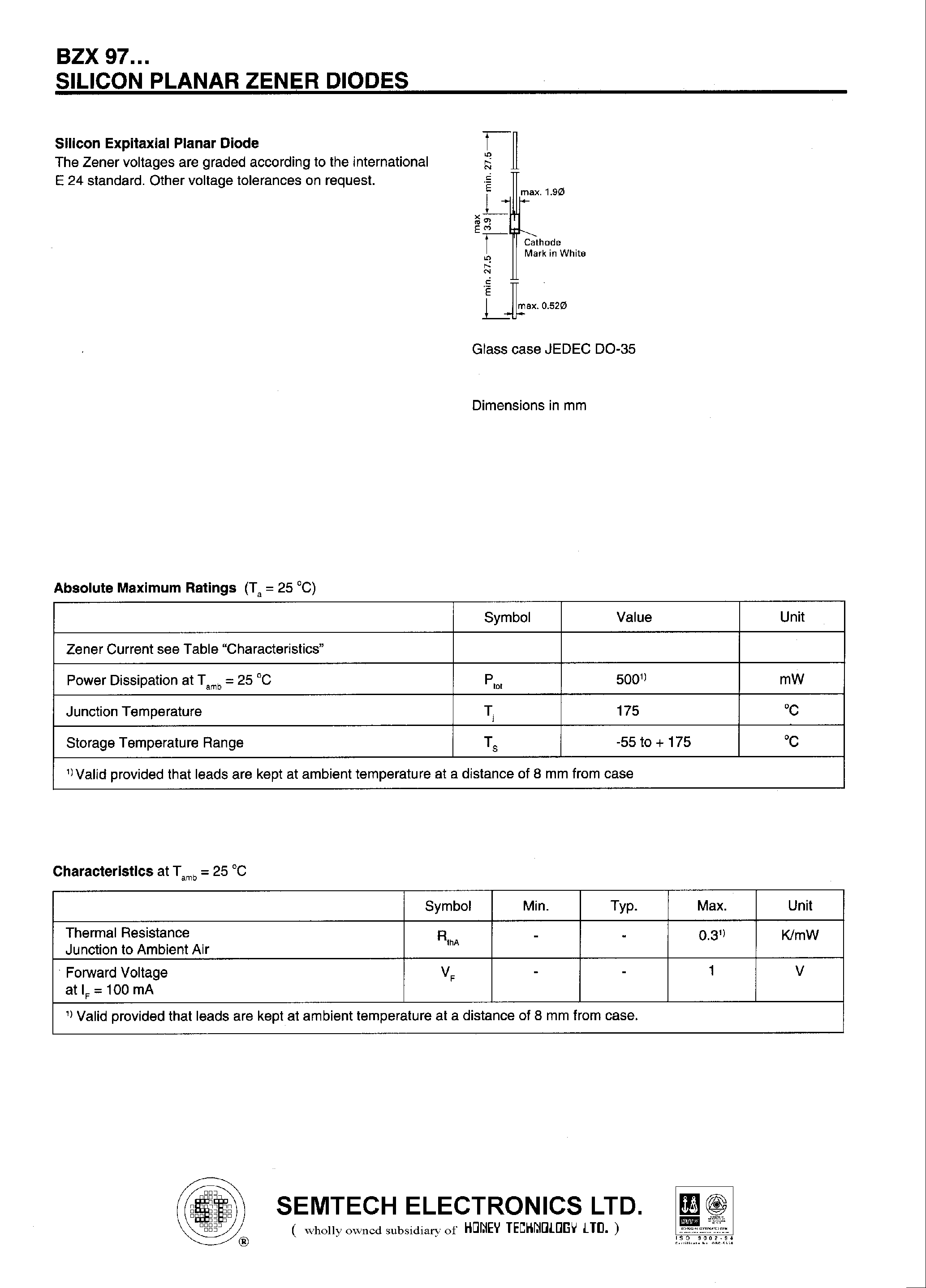 Datasheet BZX97/C15 - SILICON PLANAR ZENER DIODES page 1