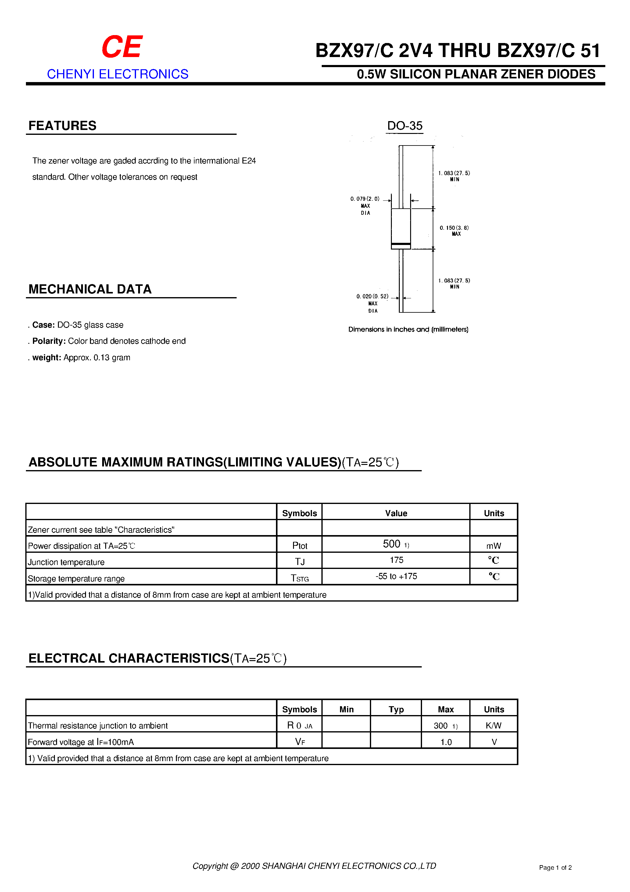 Datasheet BZX97/C6V2 - 0.5W SILICON PLANAR ZENER DIODES page 1