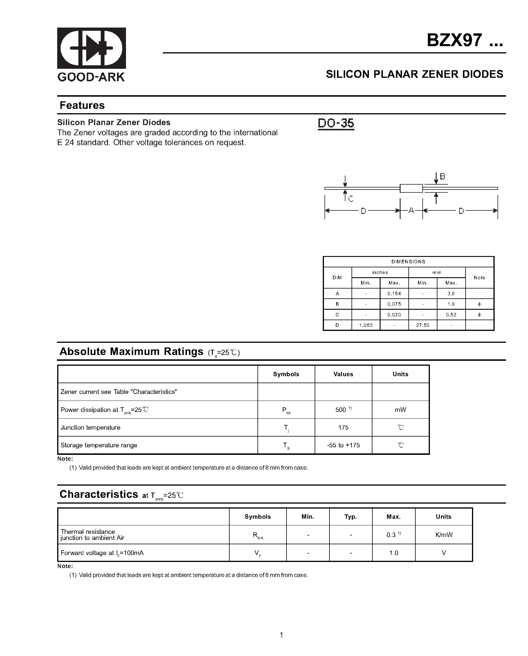 Datasheet BZX97C2V7 - SILICON PLANAR ZENER DIODES page 1