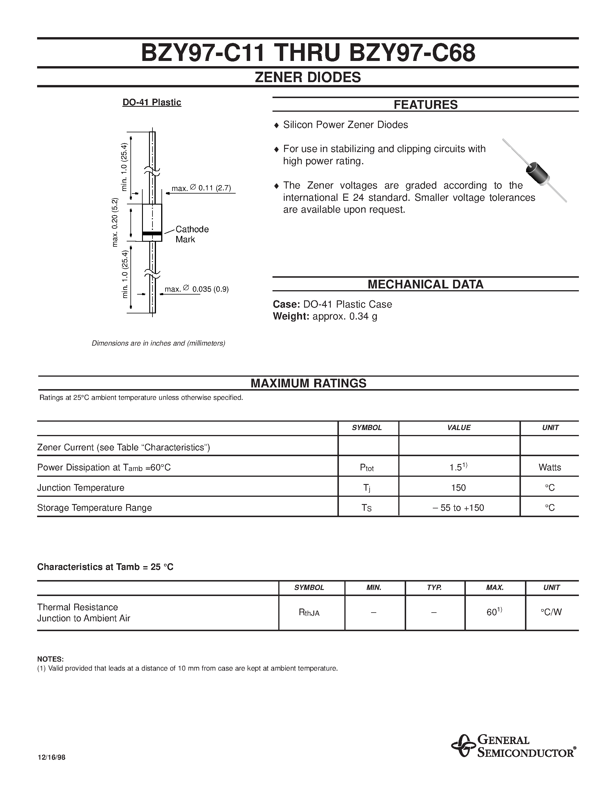 Даташит BZY97-C62 - ZENER DIODES страница 1