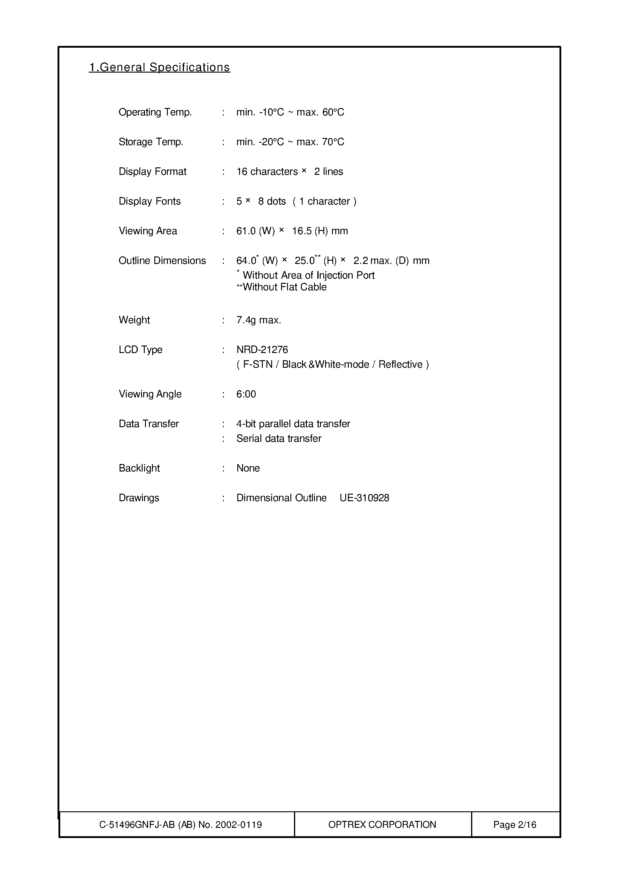 Datasheet C-51496GNFJ-AB - LCD Module Technical Specification page 2