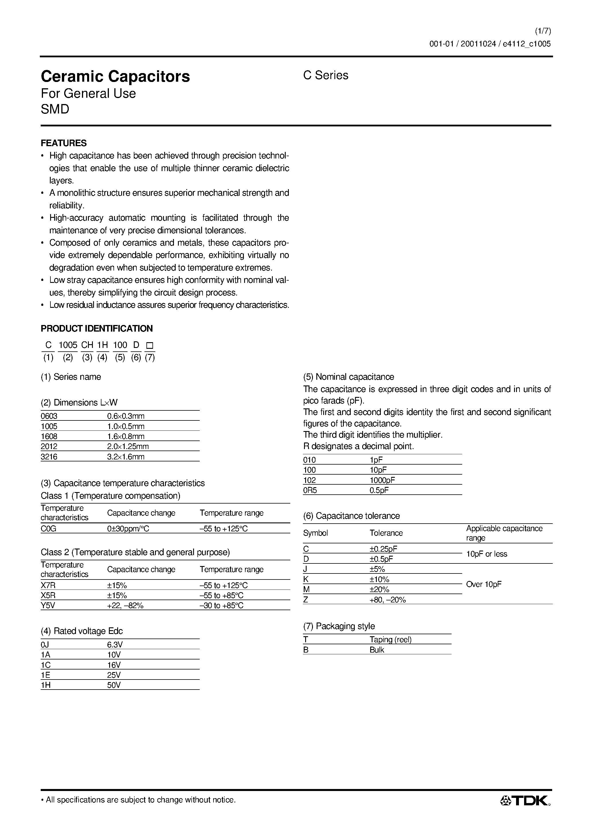 Datasheet C1005C0G1H060D - Ceramic Capacitors For General Use SMD page 1