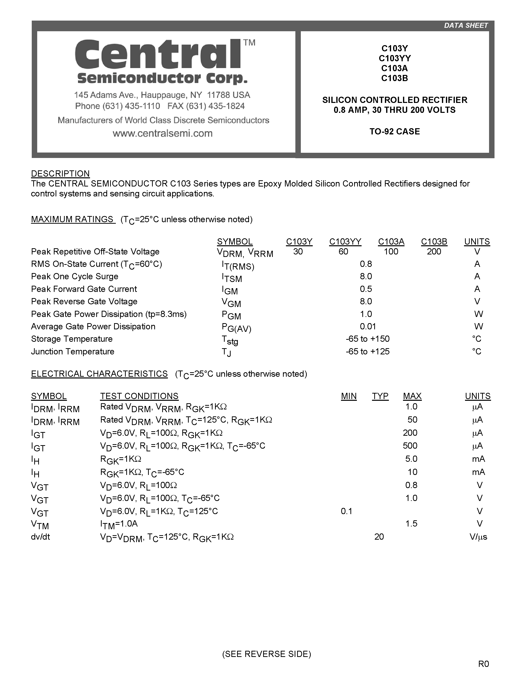 Datasheet C103Y - SILICON CONTROLLED RECTIFIER page 1