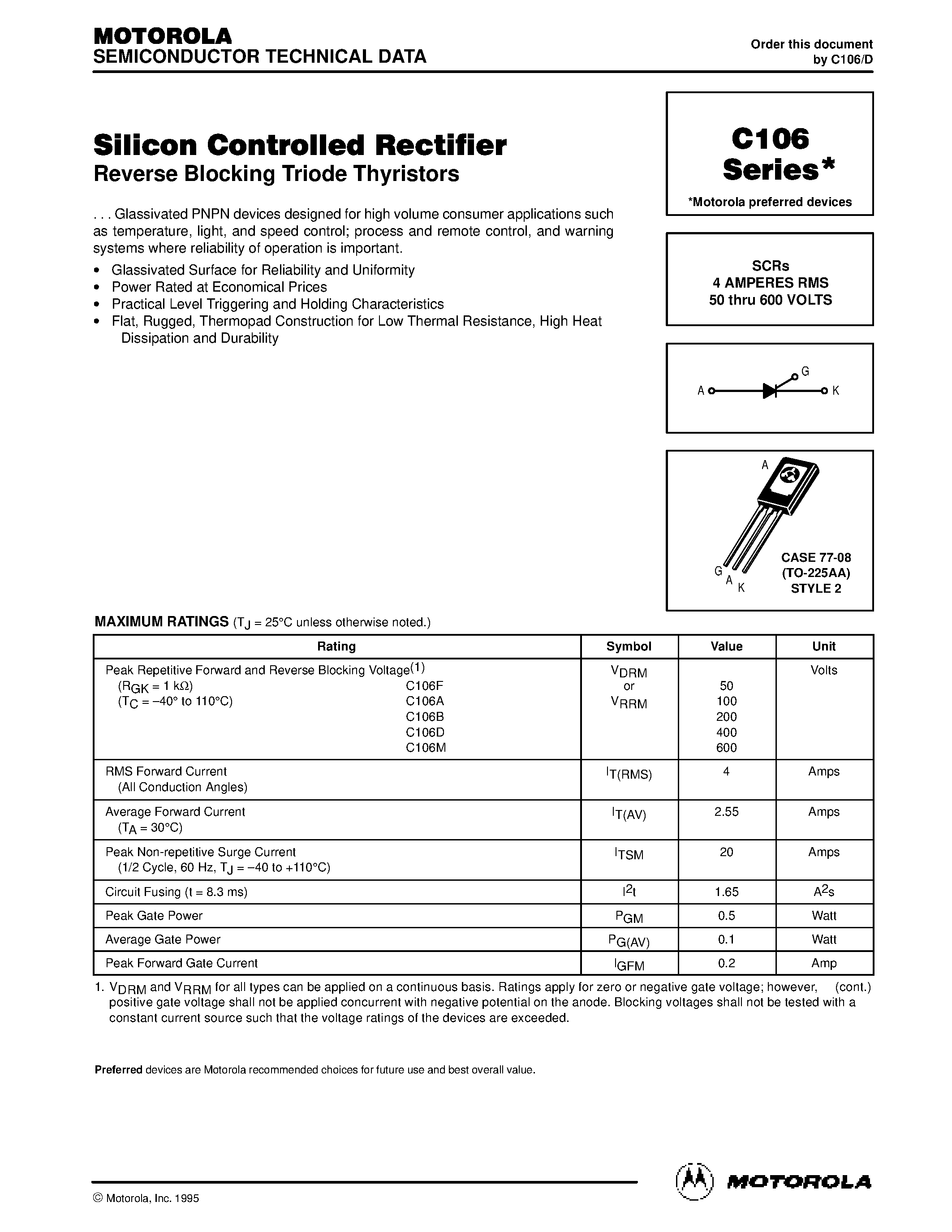 Datasheet C106 - SCRs 4 AMPERES RMS 50 thru 600 VOLTS page 1