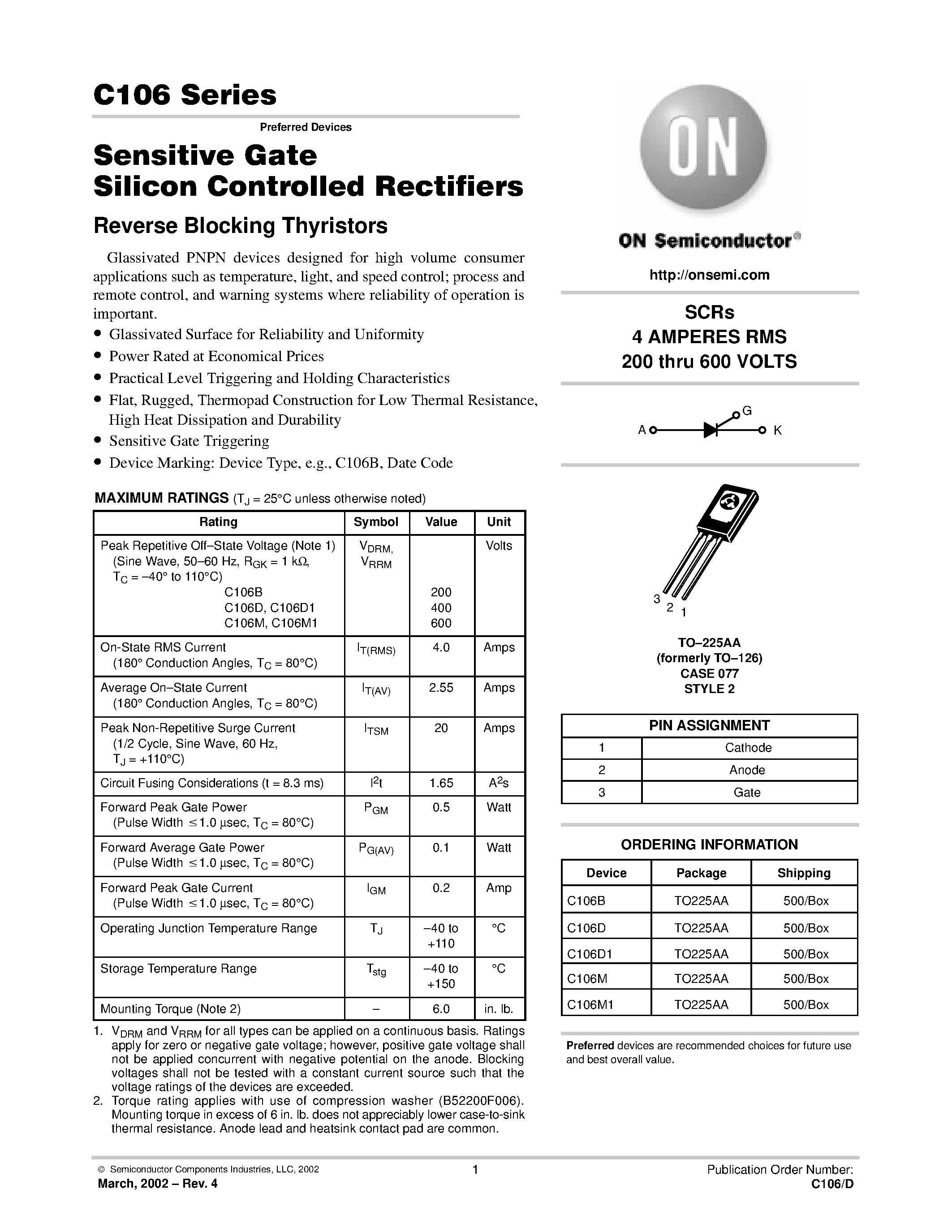 Datasheet C106D1 page 1 Datasheet C106D1 - Sensitive Gate Silicon Controlled Rectifiers page 1