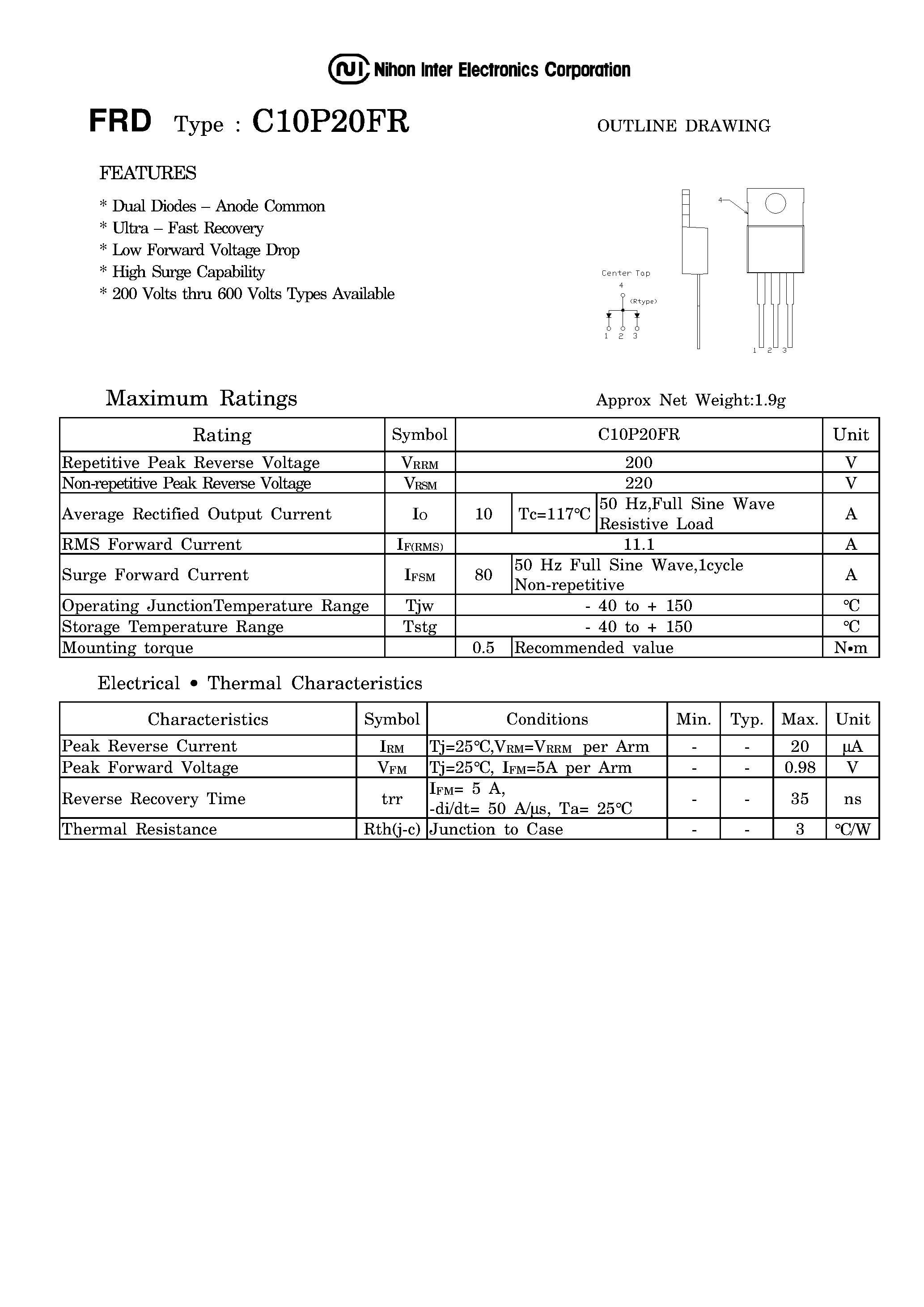 Datasheet C10920FR - FRD DUAL DIODE - ANODE COMMON page 1