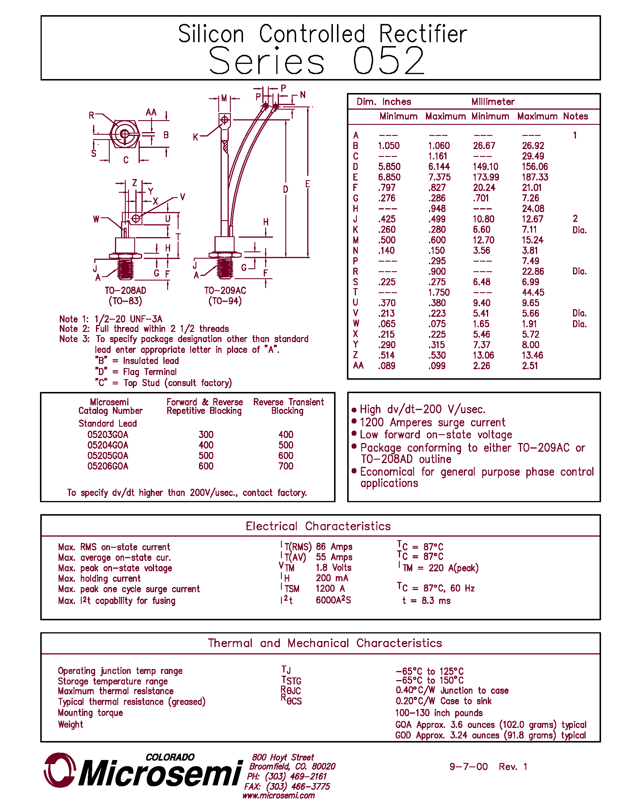 Datasheet 05203GOD - Silicon Controlled Rectifier page 1