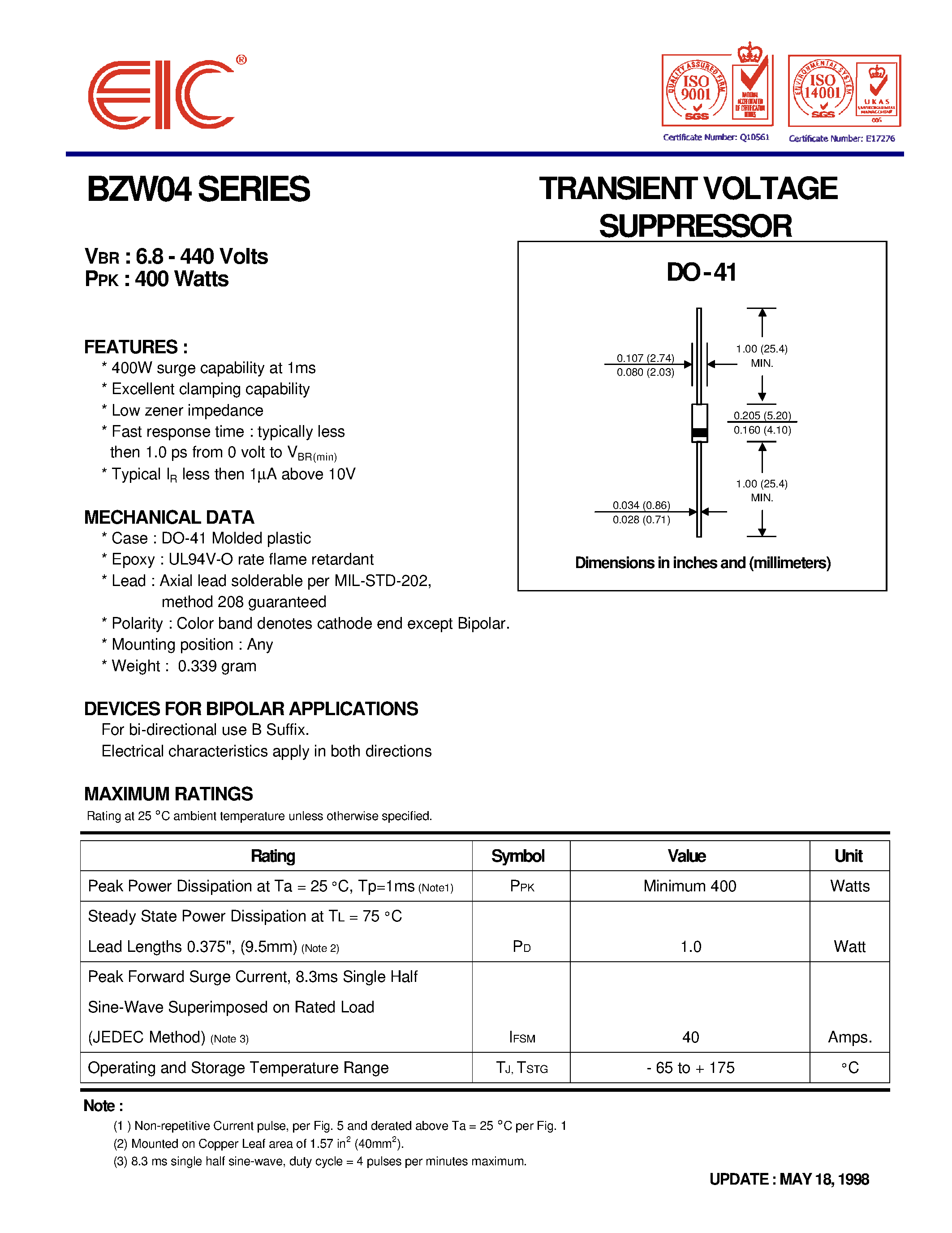 Datasheet BZW04P273 page 1 Datasheet BZW04P273 - TRANSIENT VOLTAGE SUPPRESSOR page 1